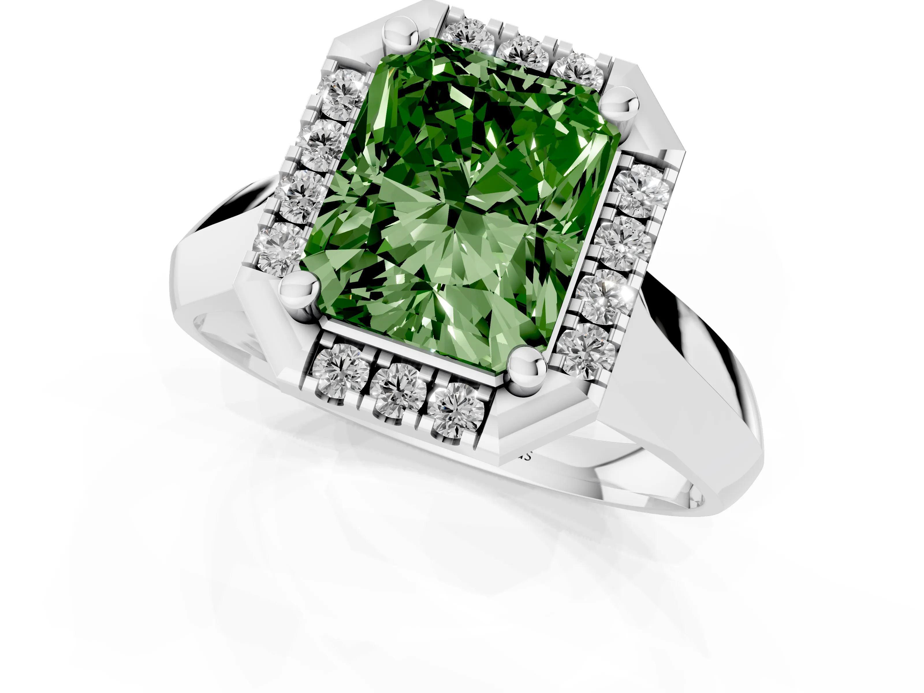 Fancy Green Radiant Cut Diamond Halo Solitaire Engagement Ring Set in White gold with Square Band and Prong Setting