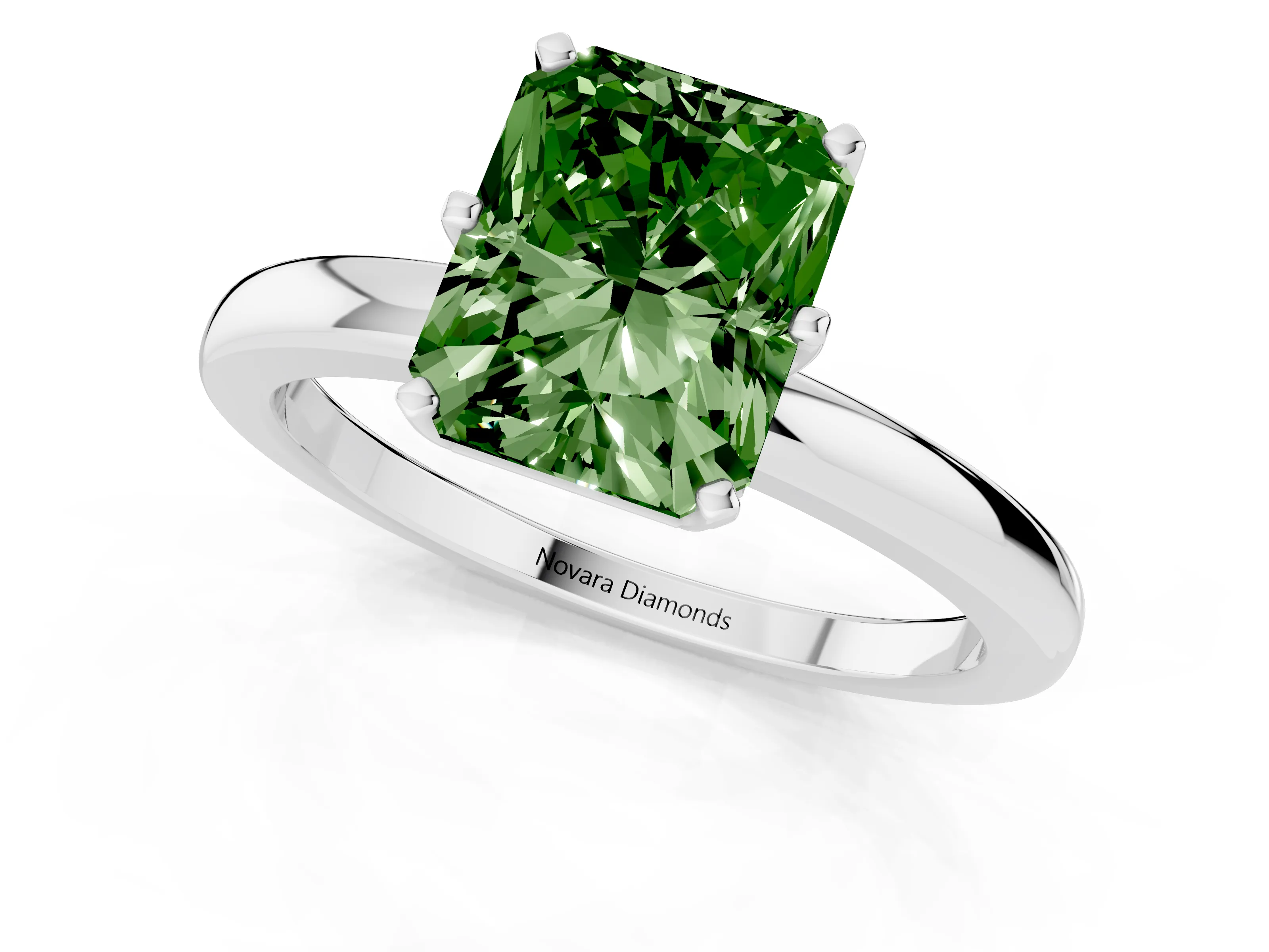 Fancy Green Radiant Cut Diamond Solitaire Ring Set in Silver with Raised Prong Setting on a Classic Band