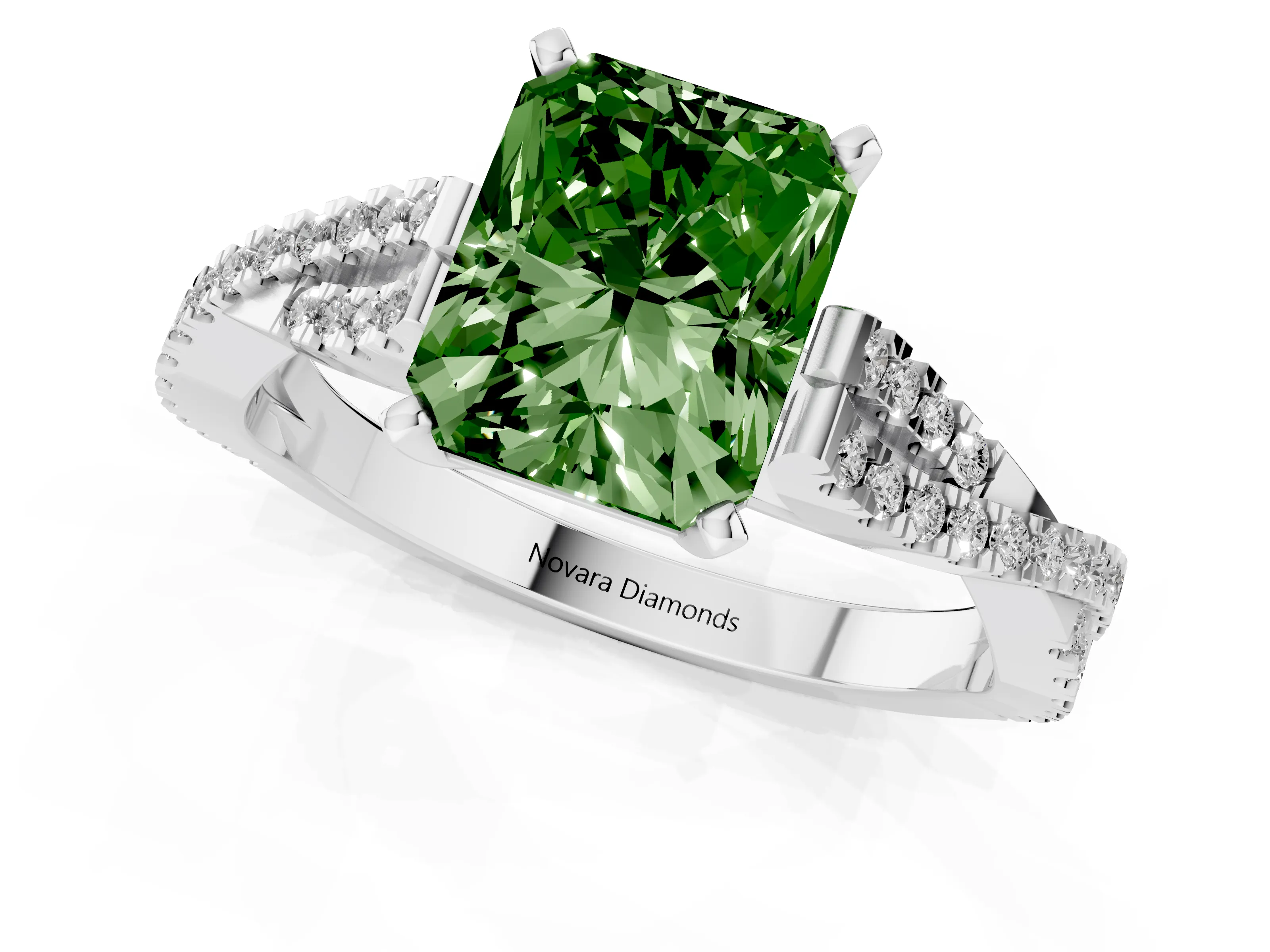 Fancy Green Radiant Cut Diamond Solitaire Engagement Ring Set in Platinum with Twisted Pavé Band and Prong Setting