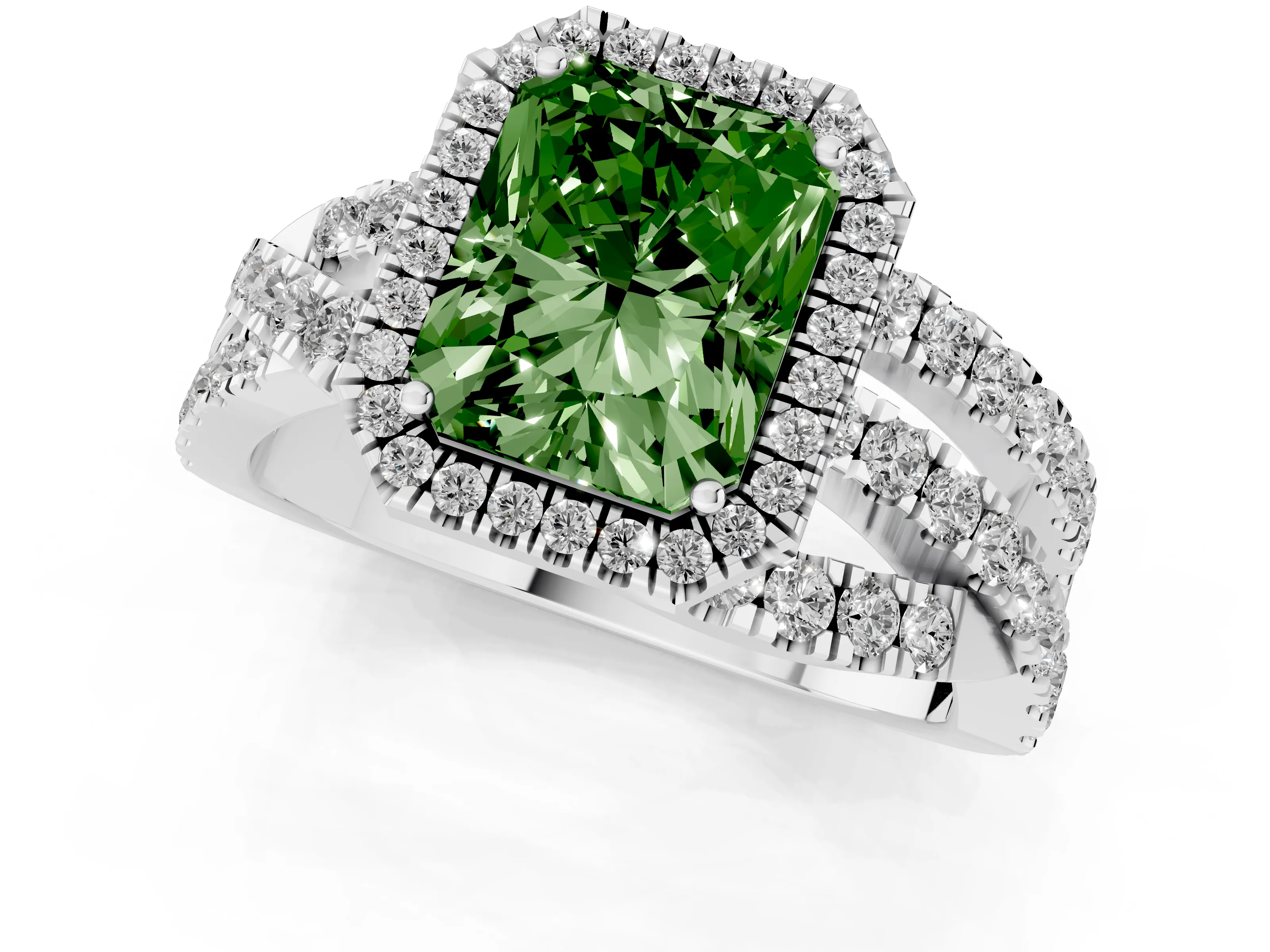 Fancy Green Radiant Cut Diamond Halo Ring Set in Platinum with Round Crossover Split Shank and Prong Setting
