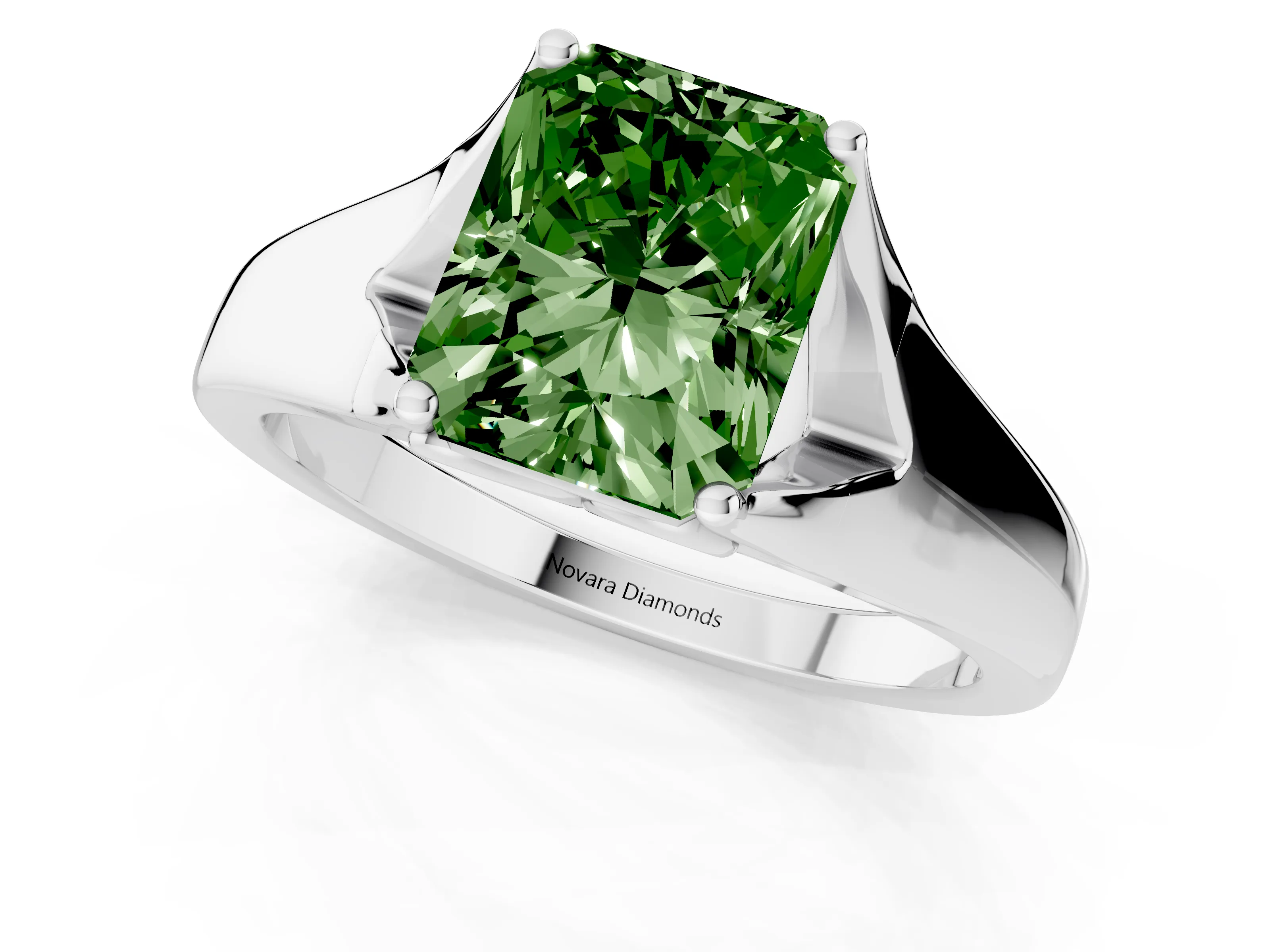 Fancy Green Radiant Cut Diamond Solitaire Ring Set in Platinum with Arched Cathedral Band and Prong Setting