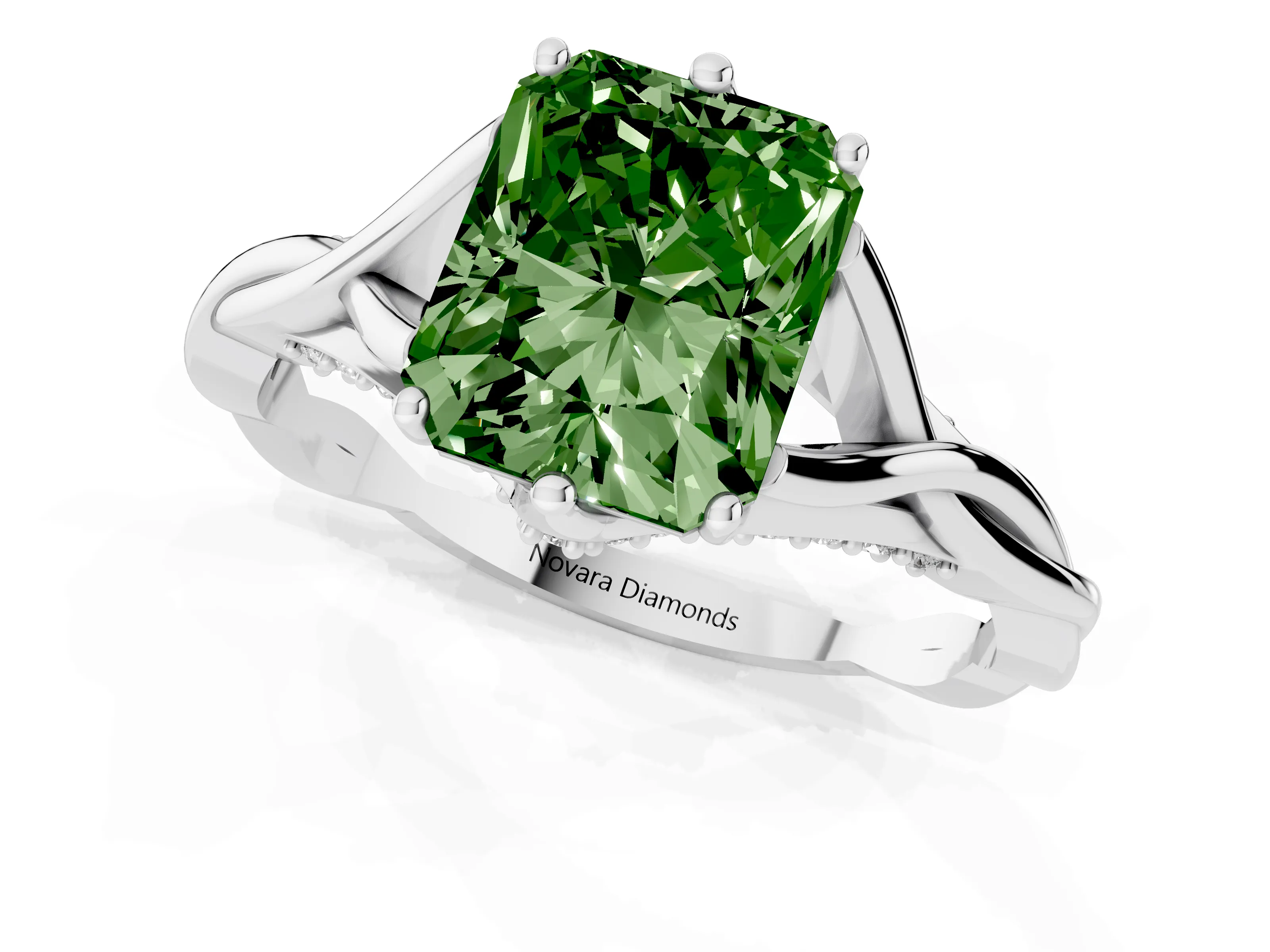 Fancy Green Radiant Cut Diamond Intertwined Twist Band Solitaire Ring Set in White gold with Prong Setting