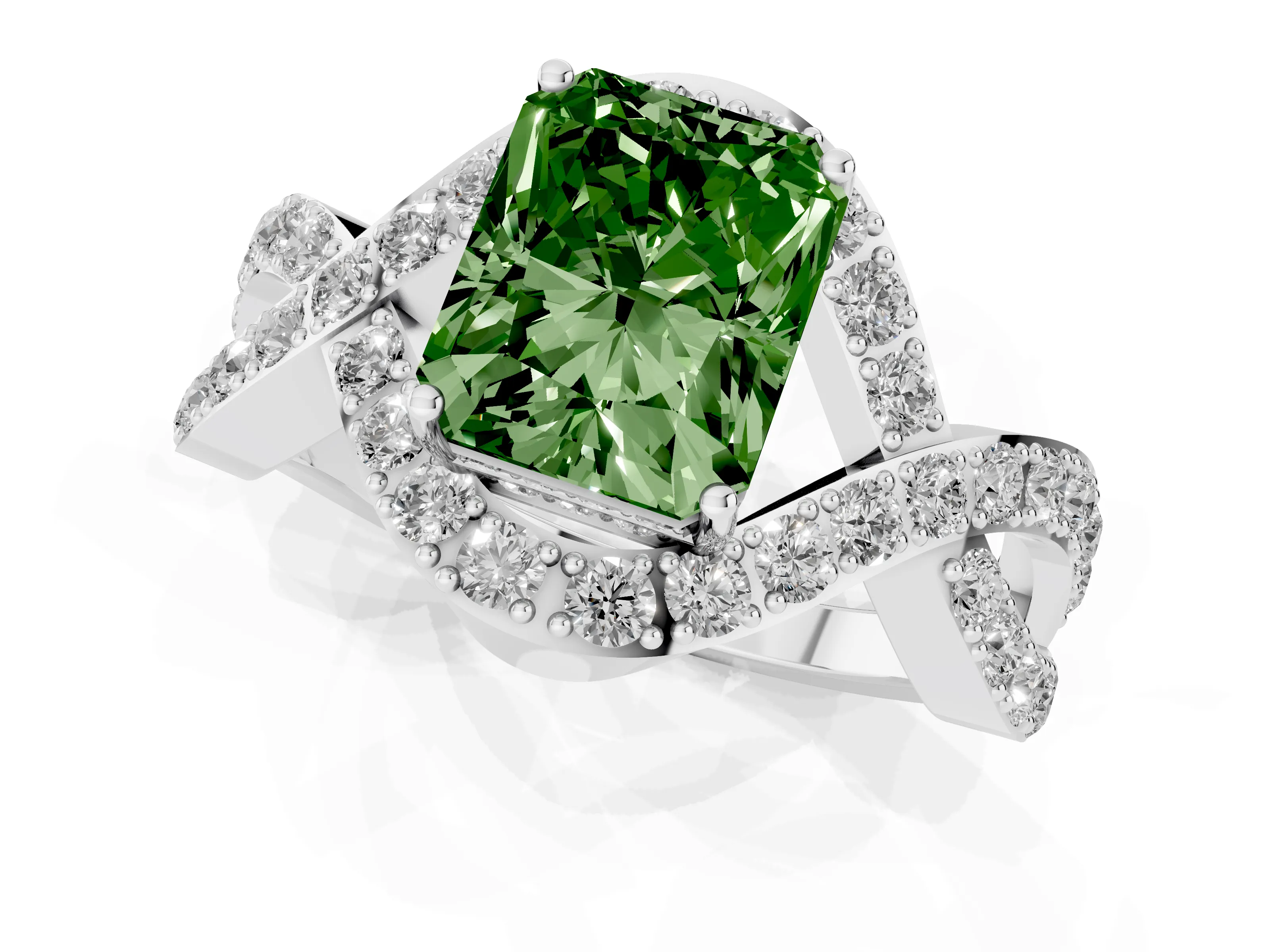 Fancy Green Radiant Cut Diamond Solitaire Twist Band Pavé Engagement Ring Set in White gold