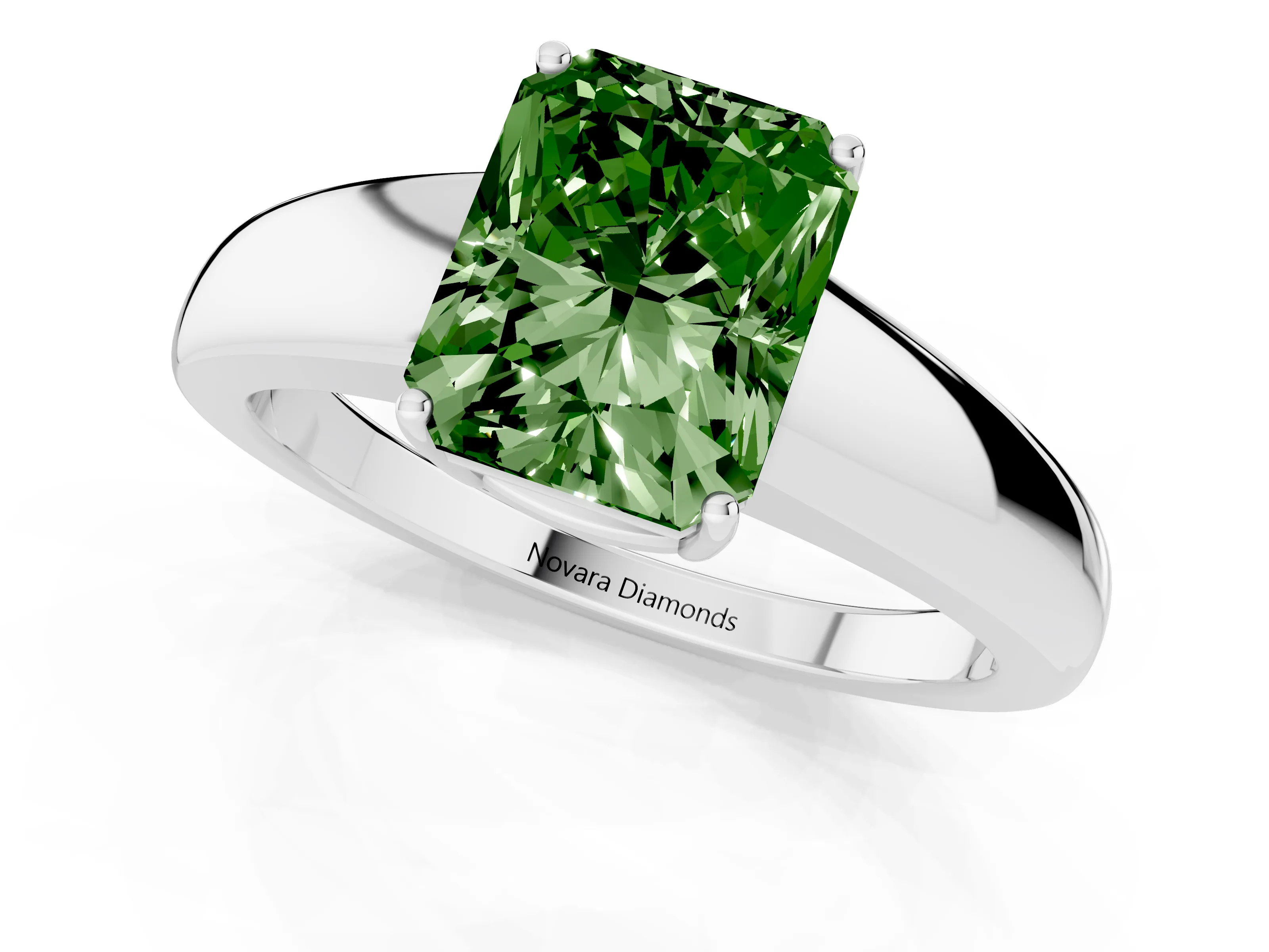 Fancy Green Radiant Cut Diamond Solitaire Ring Set in White gold with Tapered Band and Prong Setting