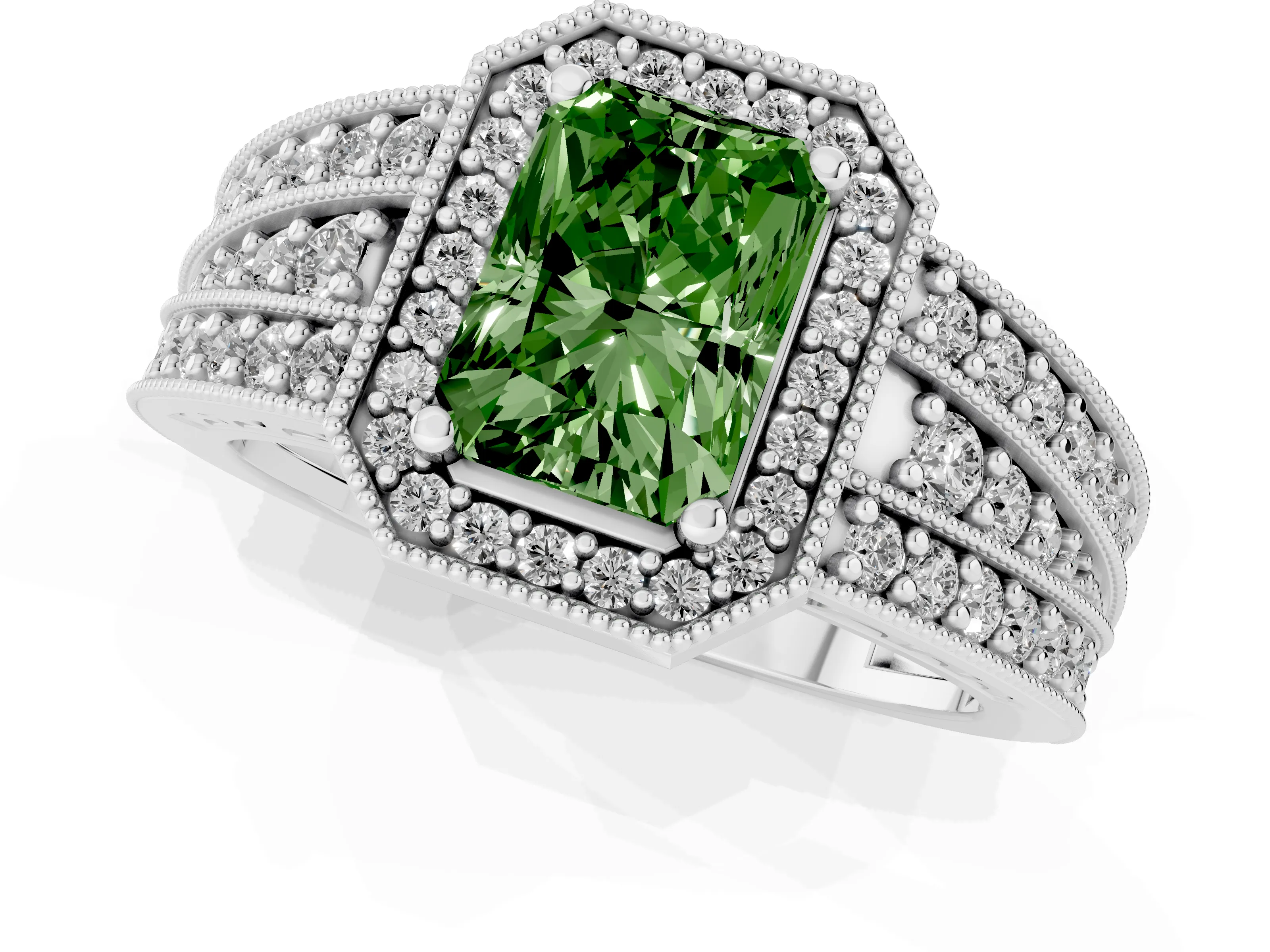Fancy Green Radiant Cut Diamond Halo Ring Set in Platinum with Accent Split Shank and Prong Setting