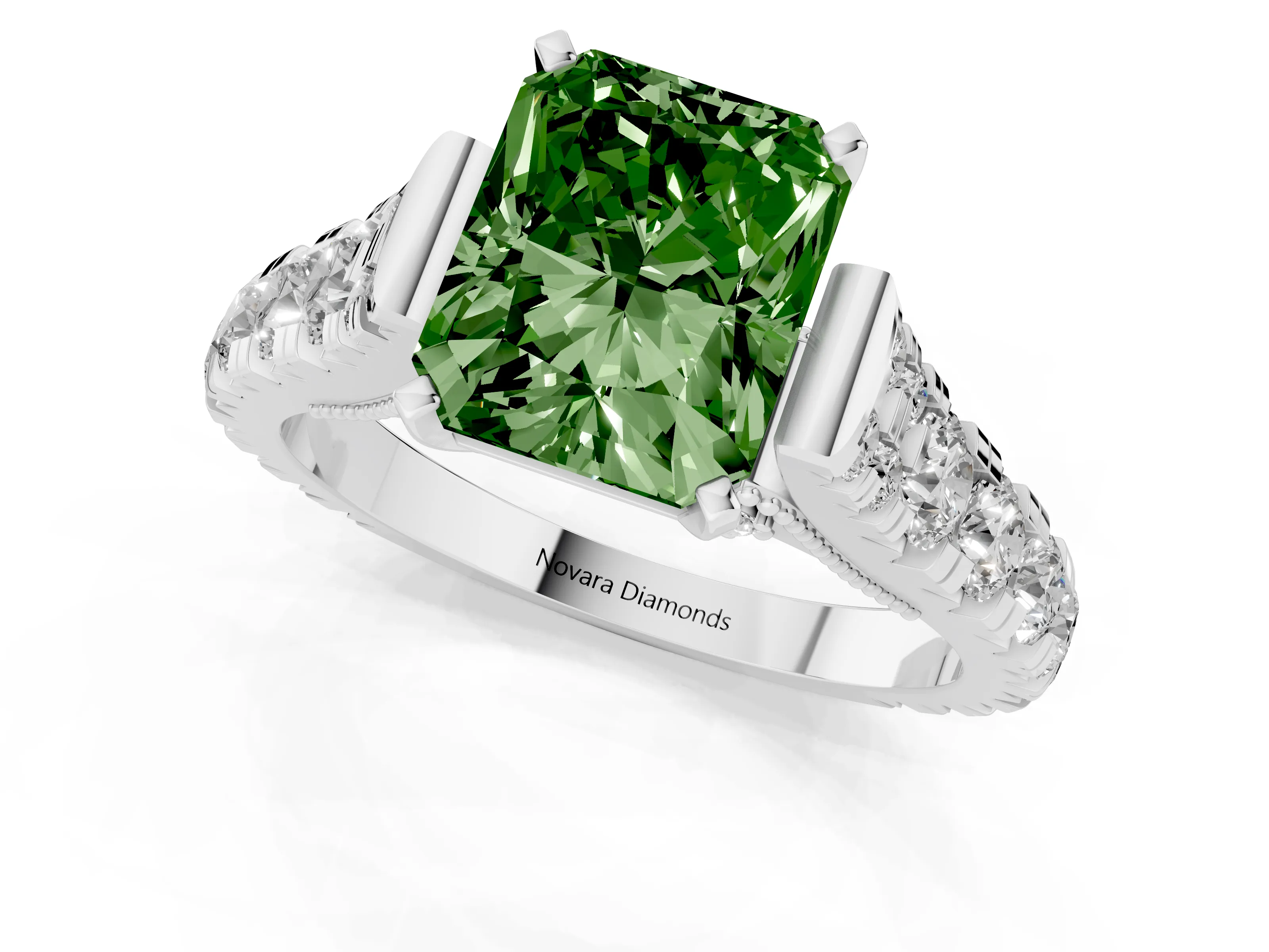 Fancy Green Radiant Cut Diamond Classic Solitaire Ring Set in White gold with Pavé Band and Prong Setting