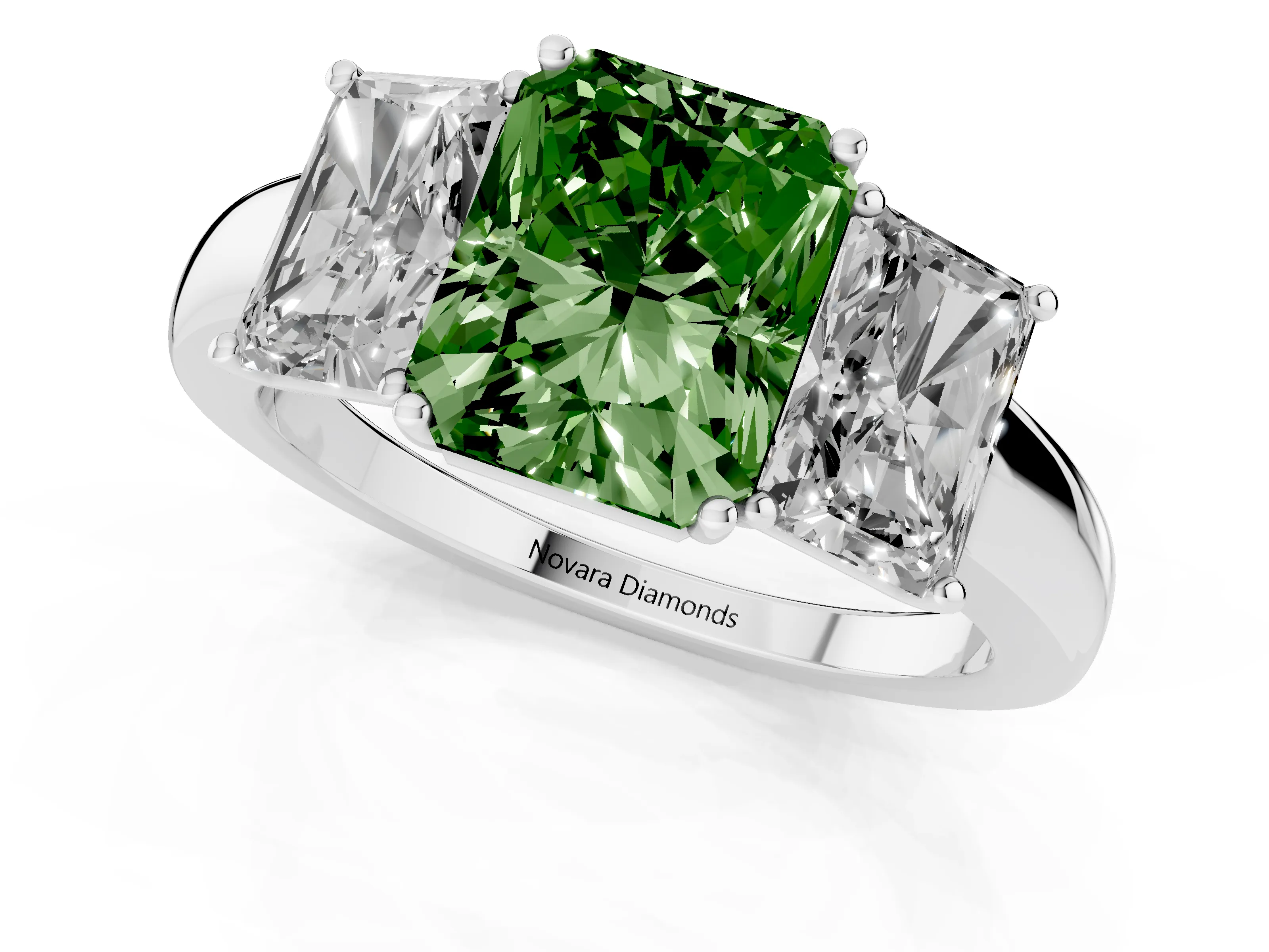 Fancy Green Radiant Cut Diamond Three-Stone Ring Set in Silver with Bold Center and Classic Band