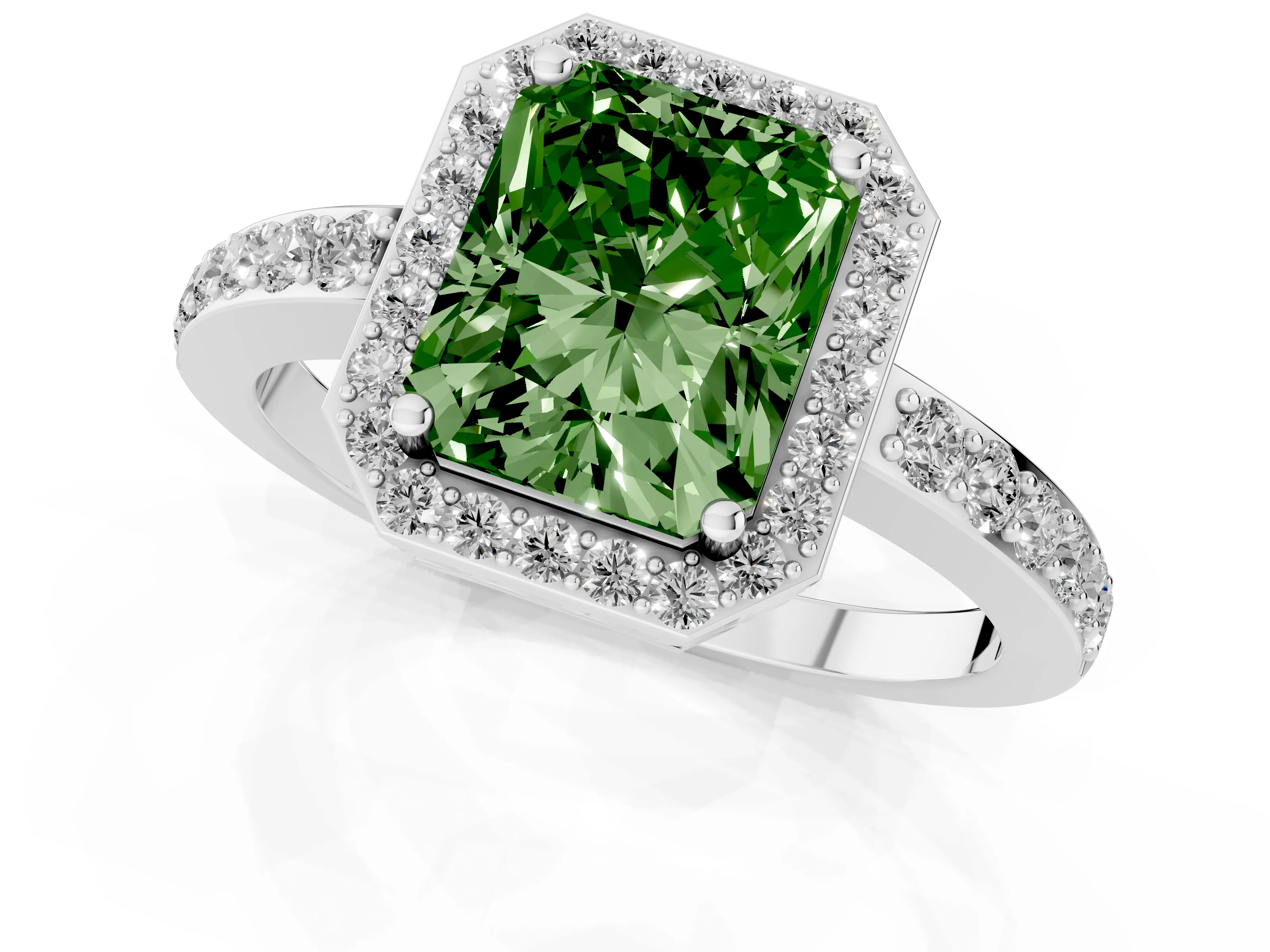 Fancy Green Radiant Cut Diamond Halo Ring Set in Silver with Pavé-Setting Band and Open Prong Center