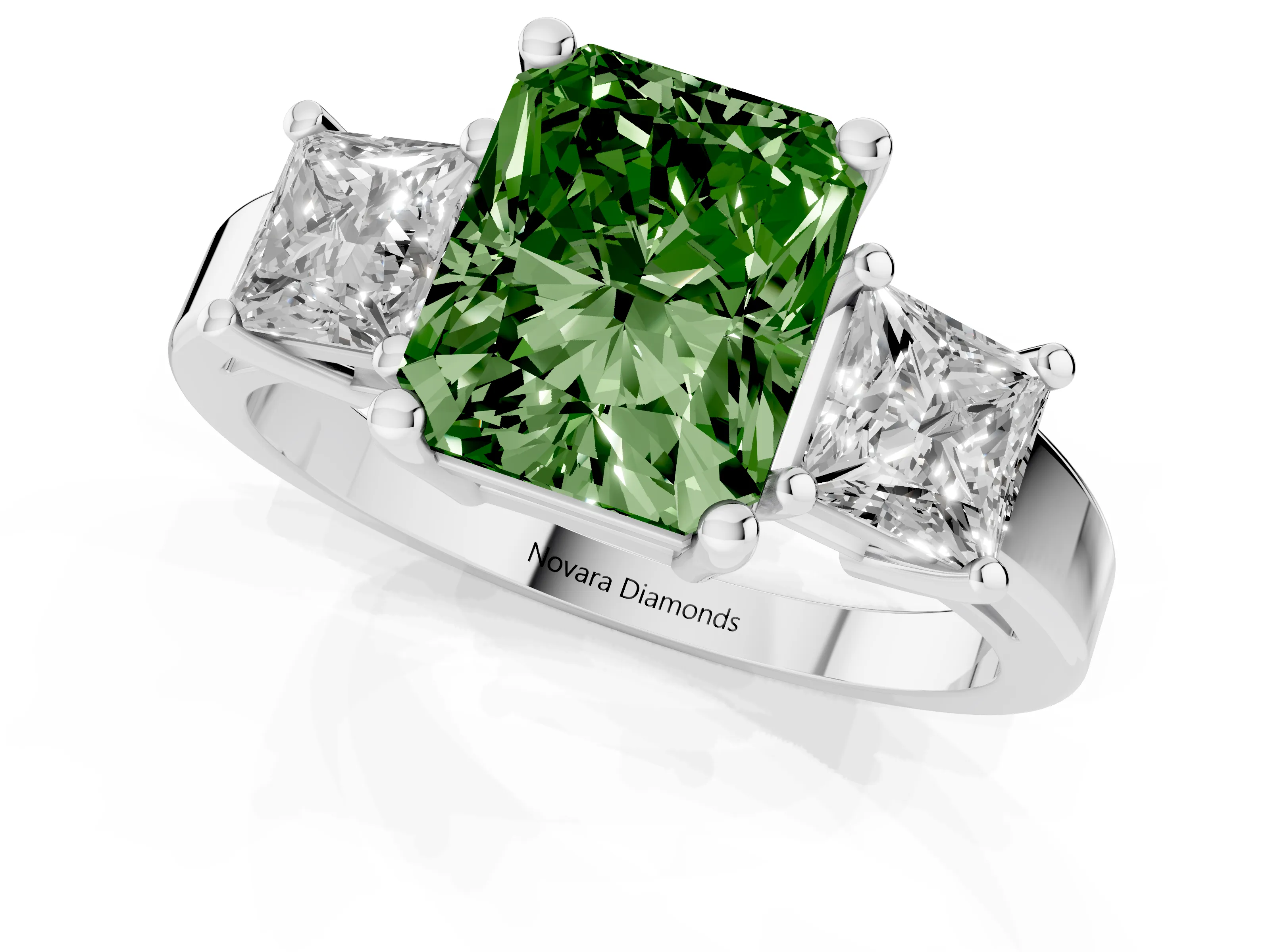 Fancy Green Three-Stone Radiant Cut Diamond Solitaire Ring Set in Platinum with Prong Setting