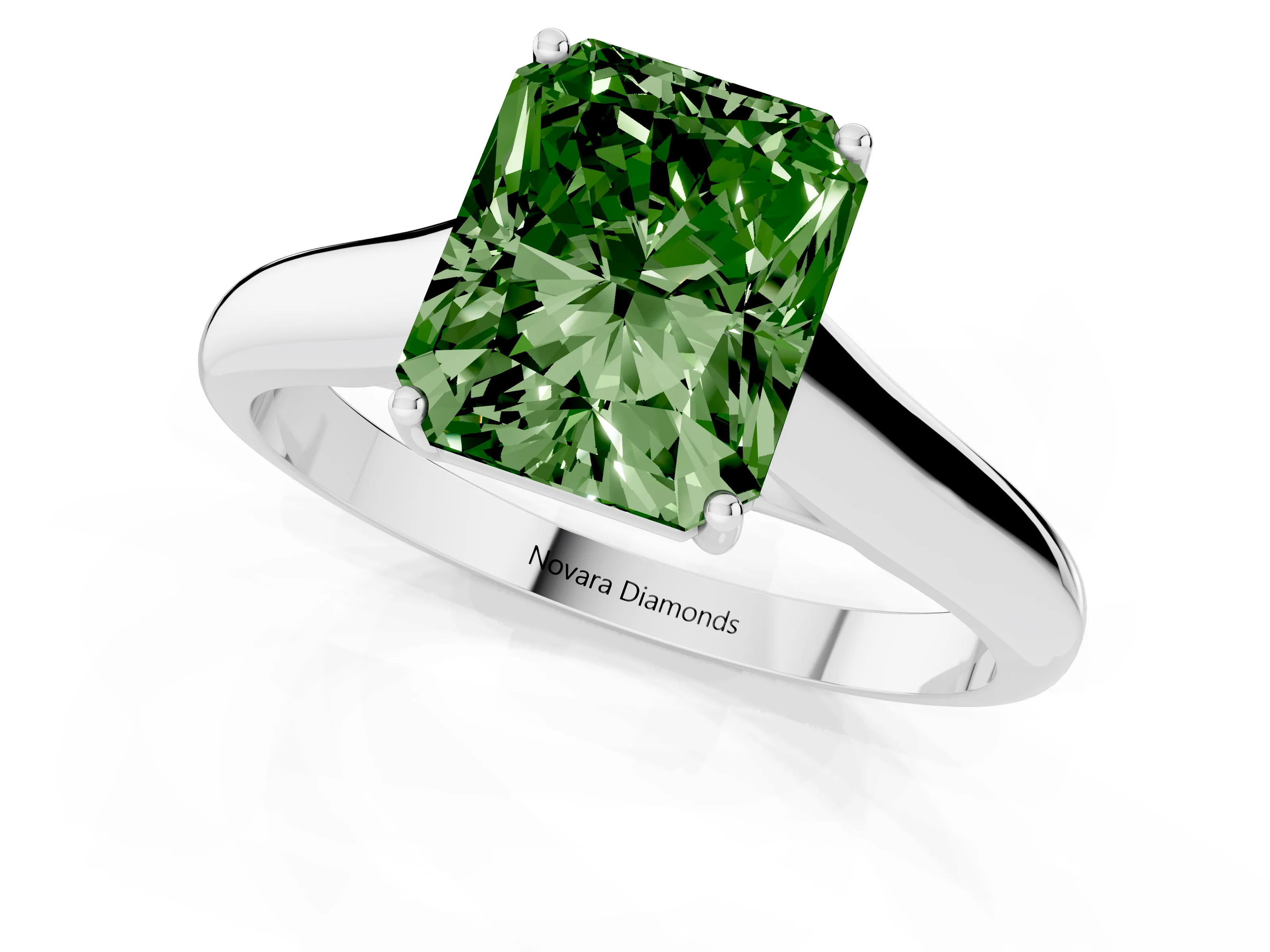 Fancy Green Radiant Cut Diamond Solitaire Engagement Ring Set in Platinum with Subtly Tapered Band and Prong Setting