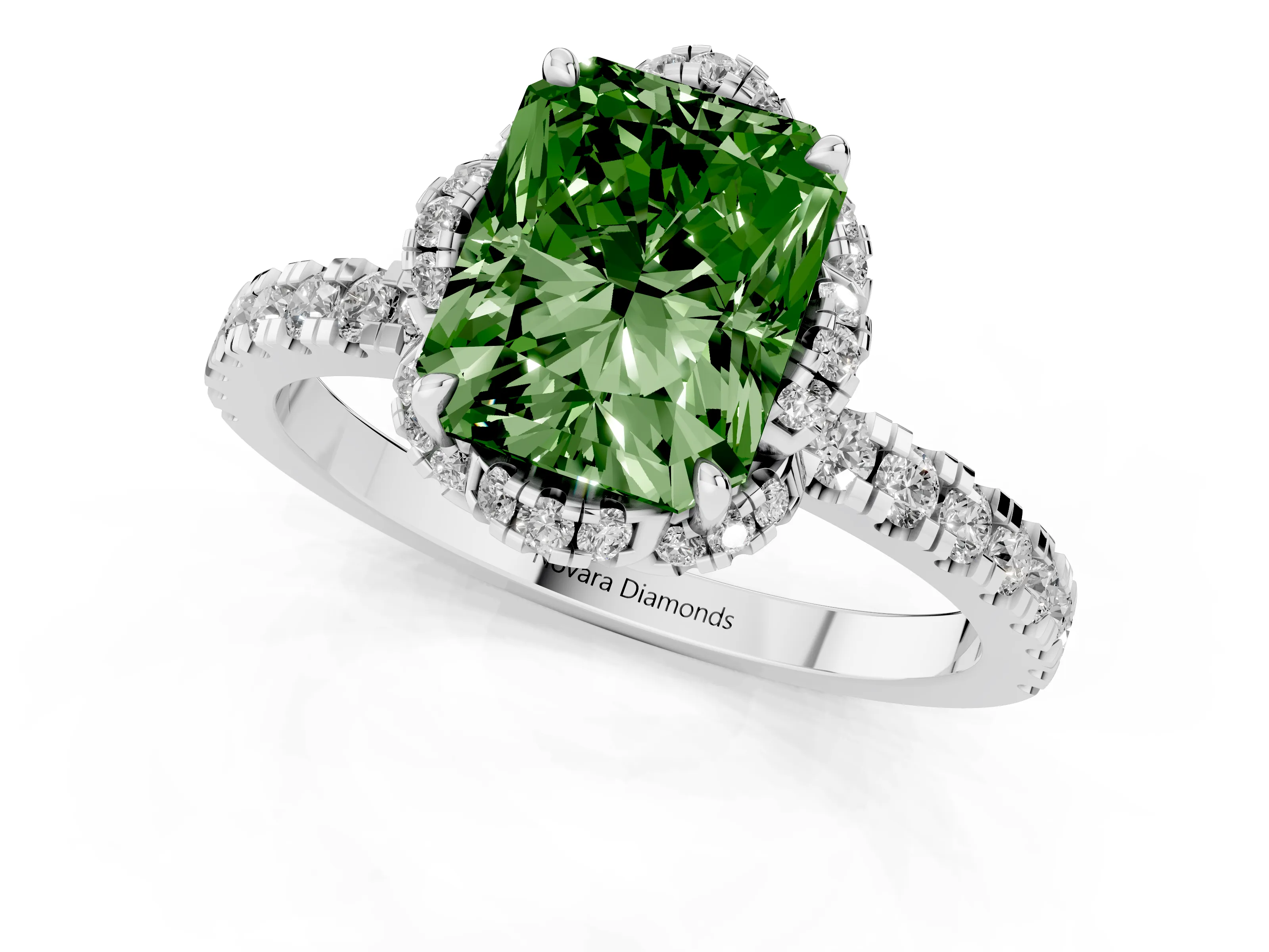 Fancy Green Radiant Cut Diamond Halo Pavé Band Ring Set in White gold with Prong-Held Center