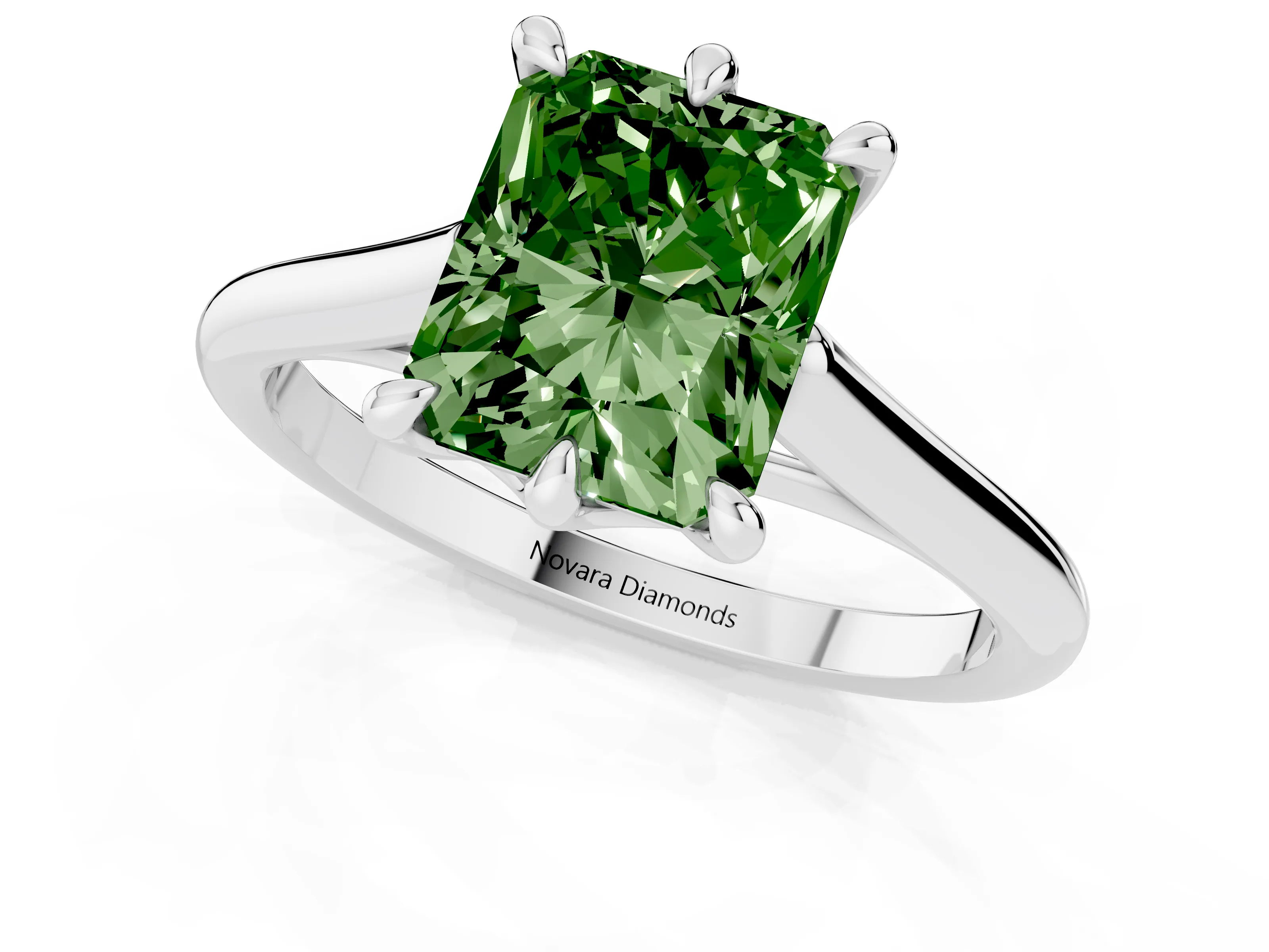 Fancy Green Radiant Cut Diamond Solitaire Engagement Ring Set in Silver with Prong Setting and Plain Classic Band