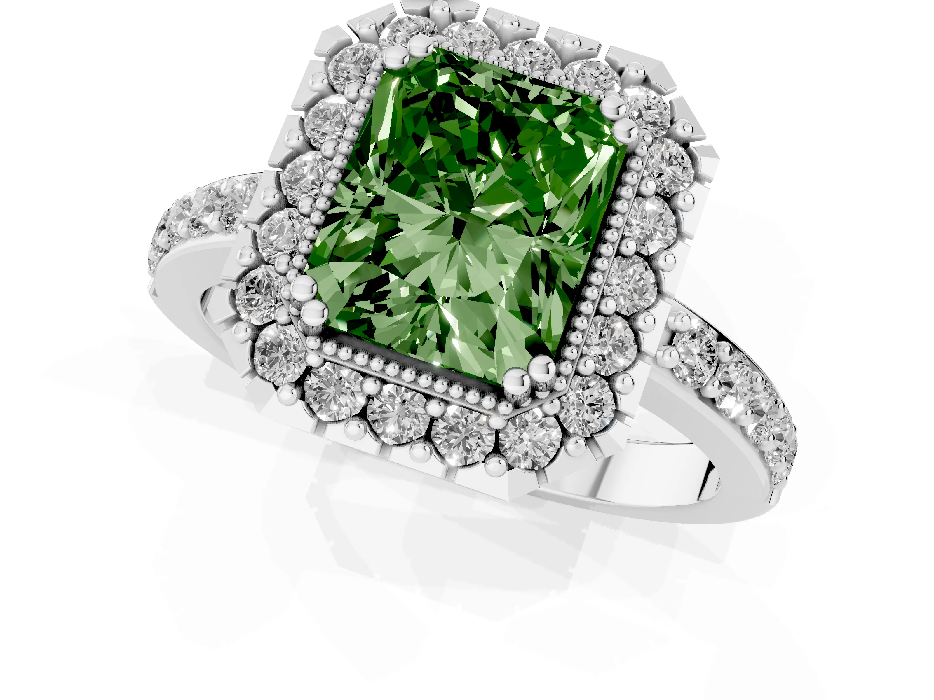 Fancy Green Radiant Cut Diamond Halo Ring Set in White gold with Pavé Shank and Prong Setting