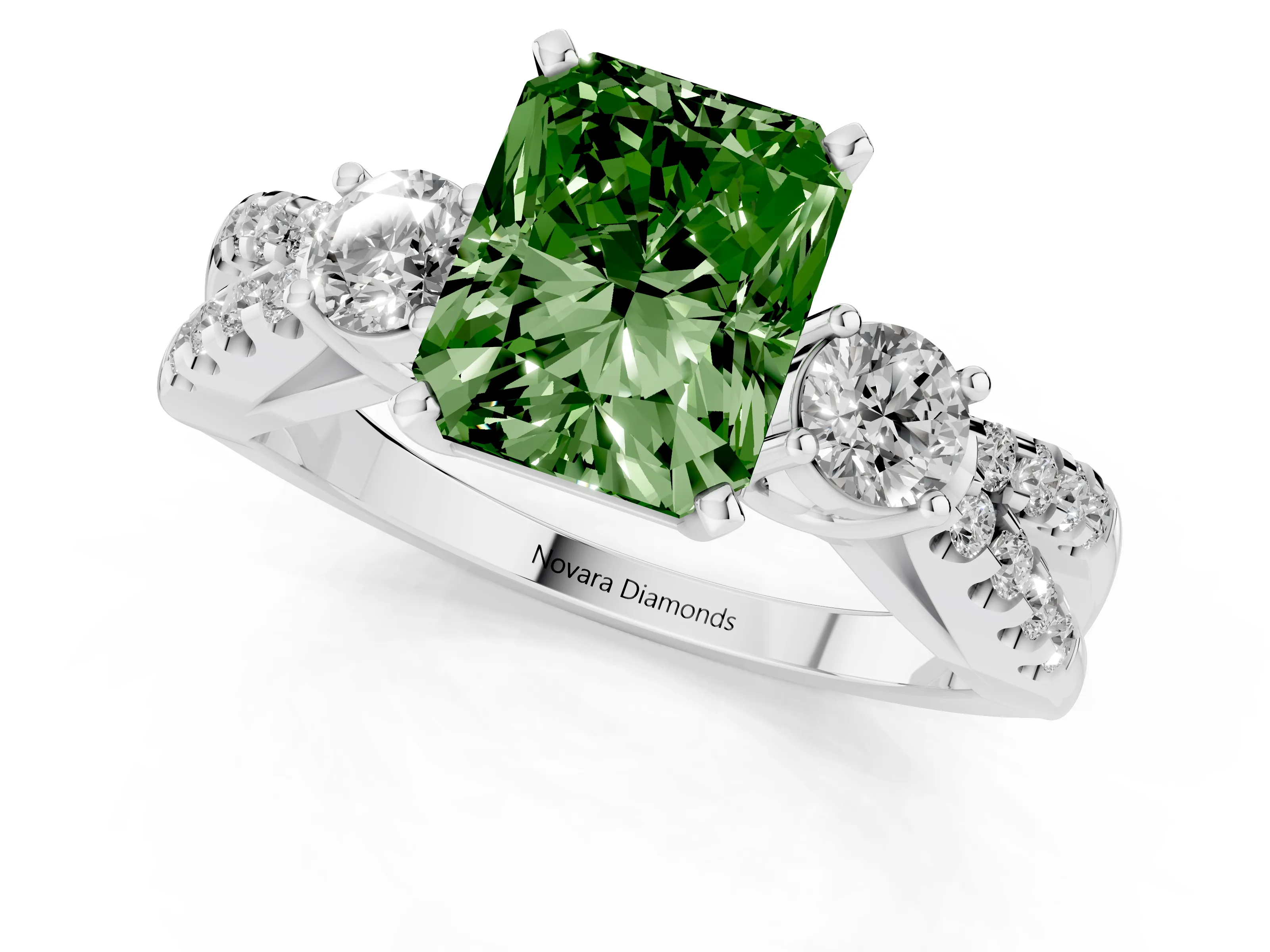 Fancy Green Radiant Cut Diamond Three-Stone Ring Set in Silver with Pavé Split Shank and Prong Setting