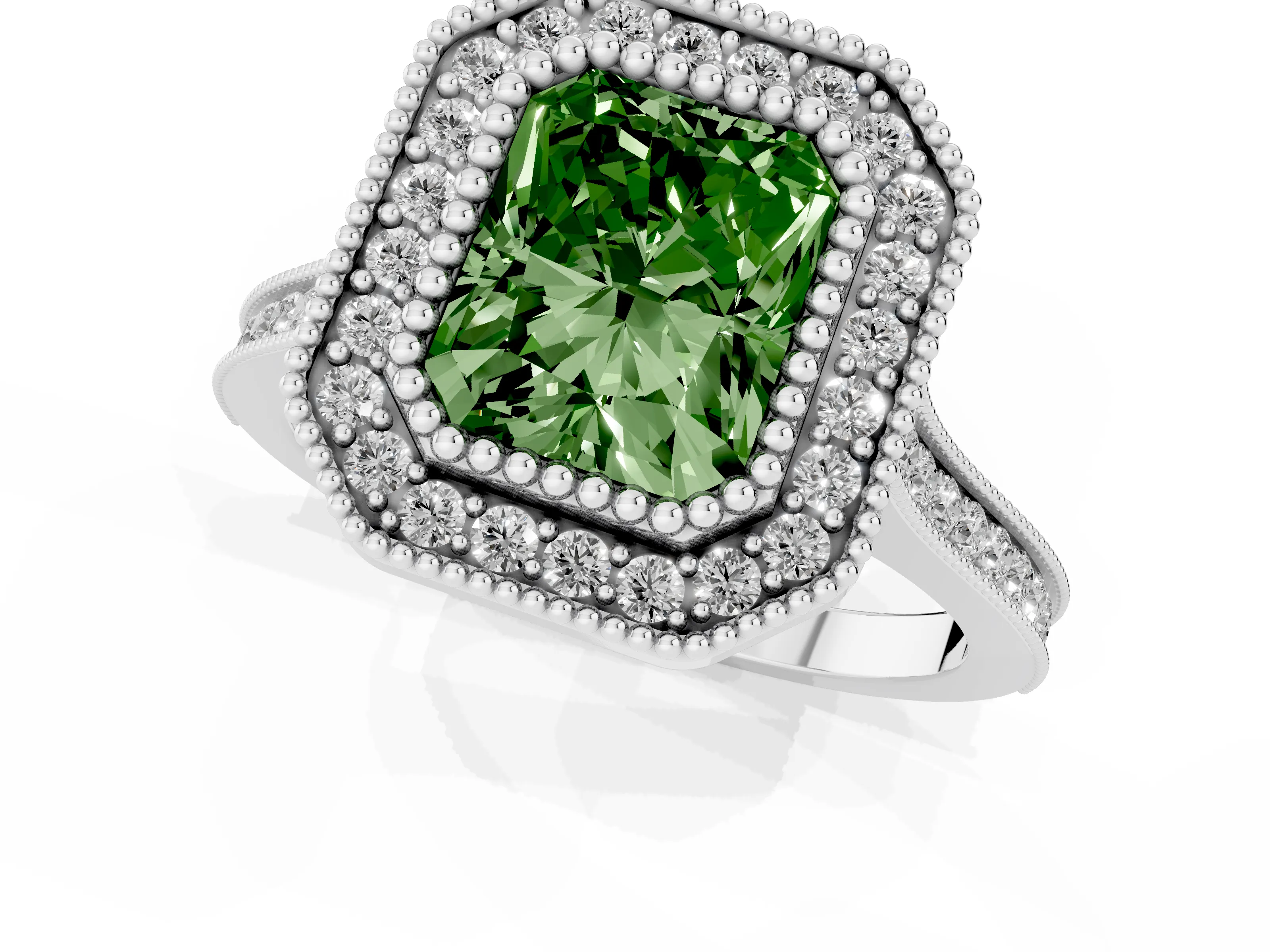 Fancy Green Radiant Cut Diamond Halo Ring Set in White gold with Milgrain Frame and Pavé Band