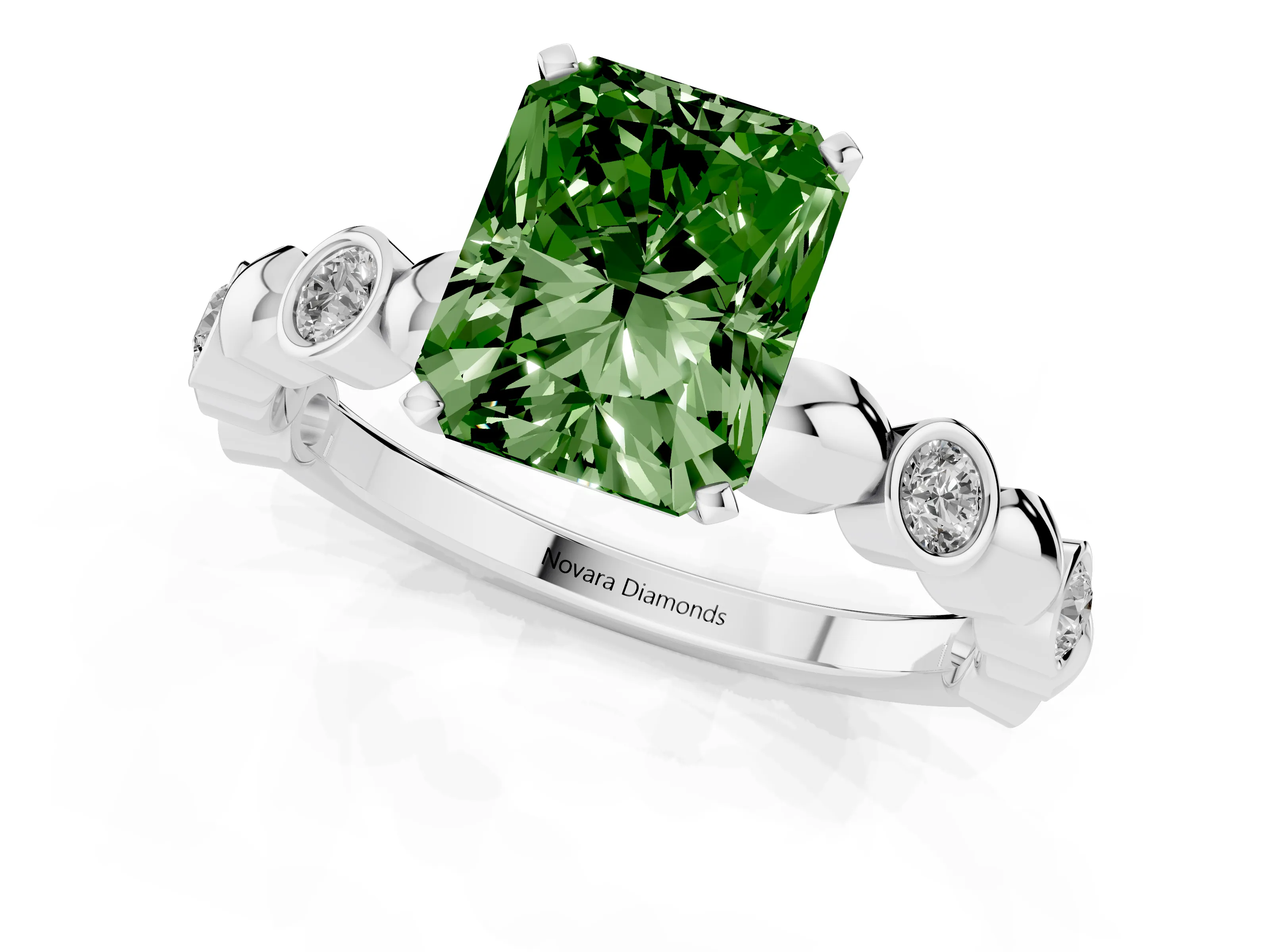 Fancy Green Radiant Cut Diamond Solitaire Ring Set in White gold with Bezel-Set Accents on Beaded Band and Prong Setting