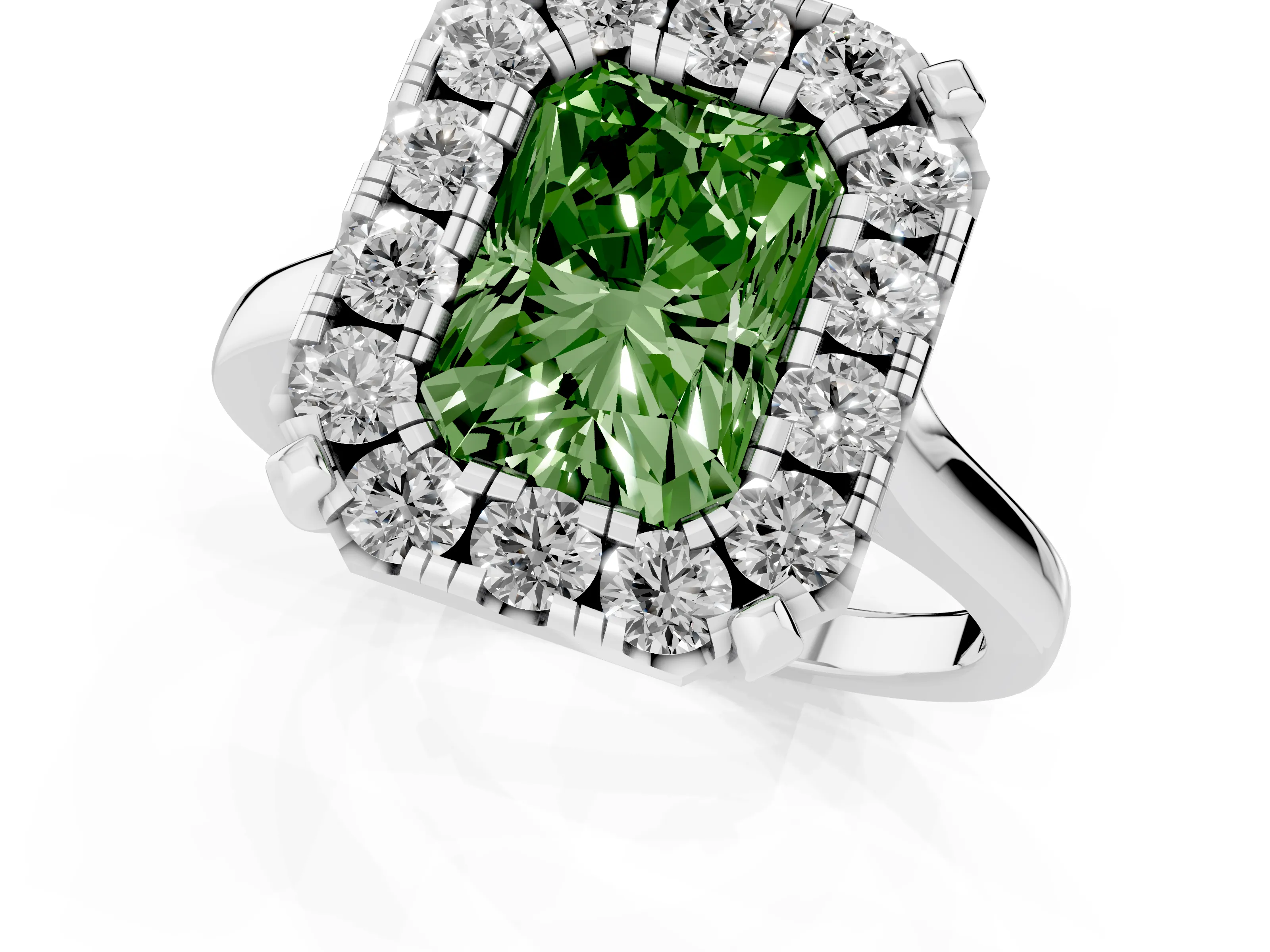 Fancy Green Radiant Cut Diamond Cluster Halo Solitaire Ring Set in Silver with Prong Setting