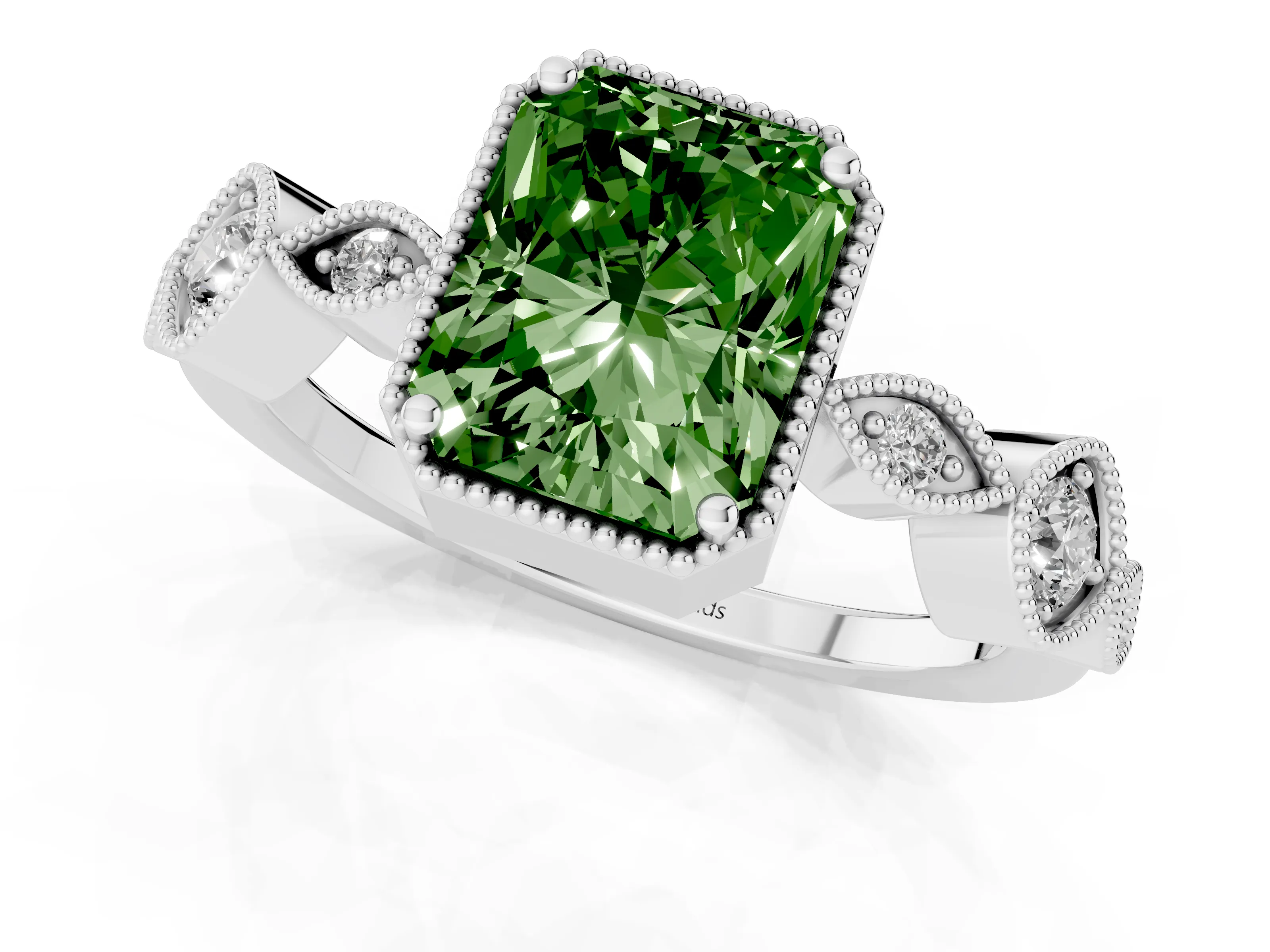 Fancy Green Radiant Cut Diamond Vintage-Inspired Milgrain Ring Set in Platinum with Marquise Stations of Round Accents