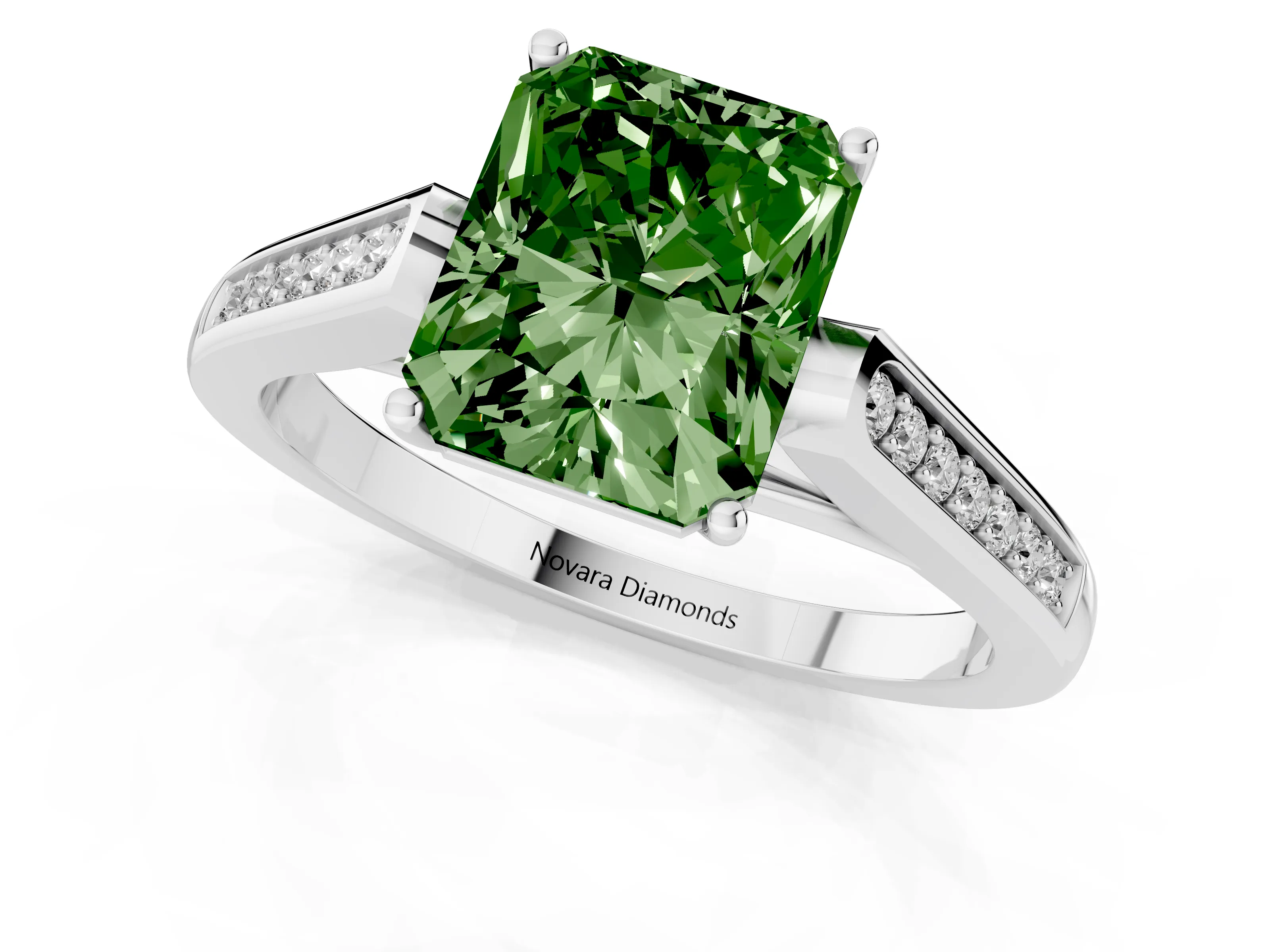 Fancy Green Radiant Cut Diamond Solitaire Cathedral Engagement Ring Set in Platinum with Channel-Set Band and Prong Setting