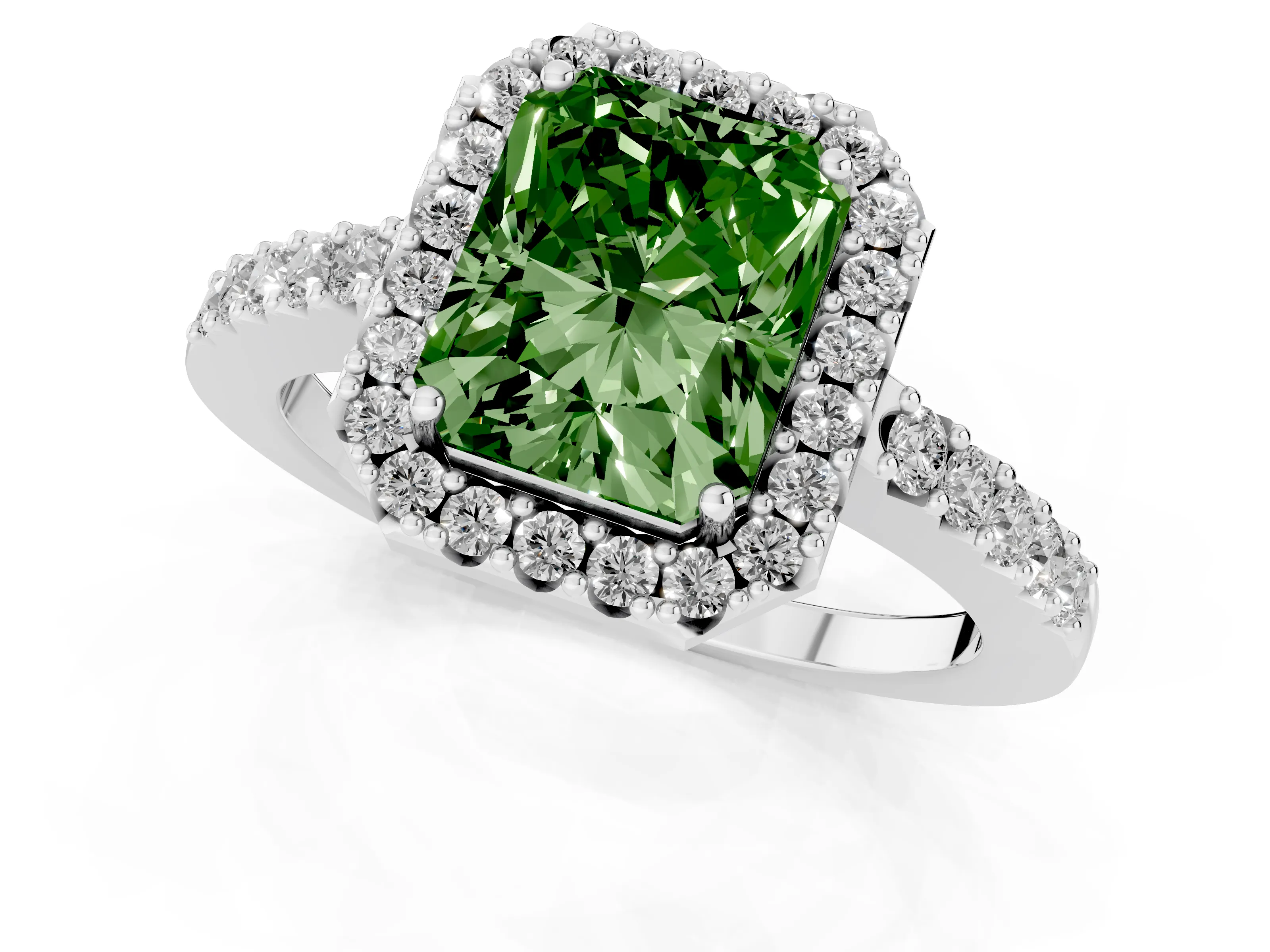 Fancy Green Radiant Cut Diamond Halo Pavé Solitaire Ring Set in Platinum with Prong-Set Center Stone