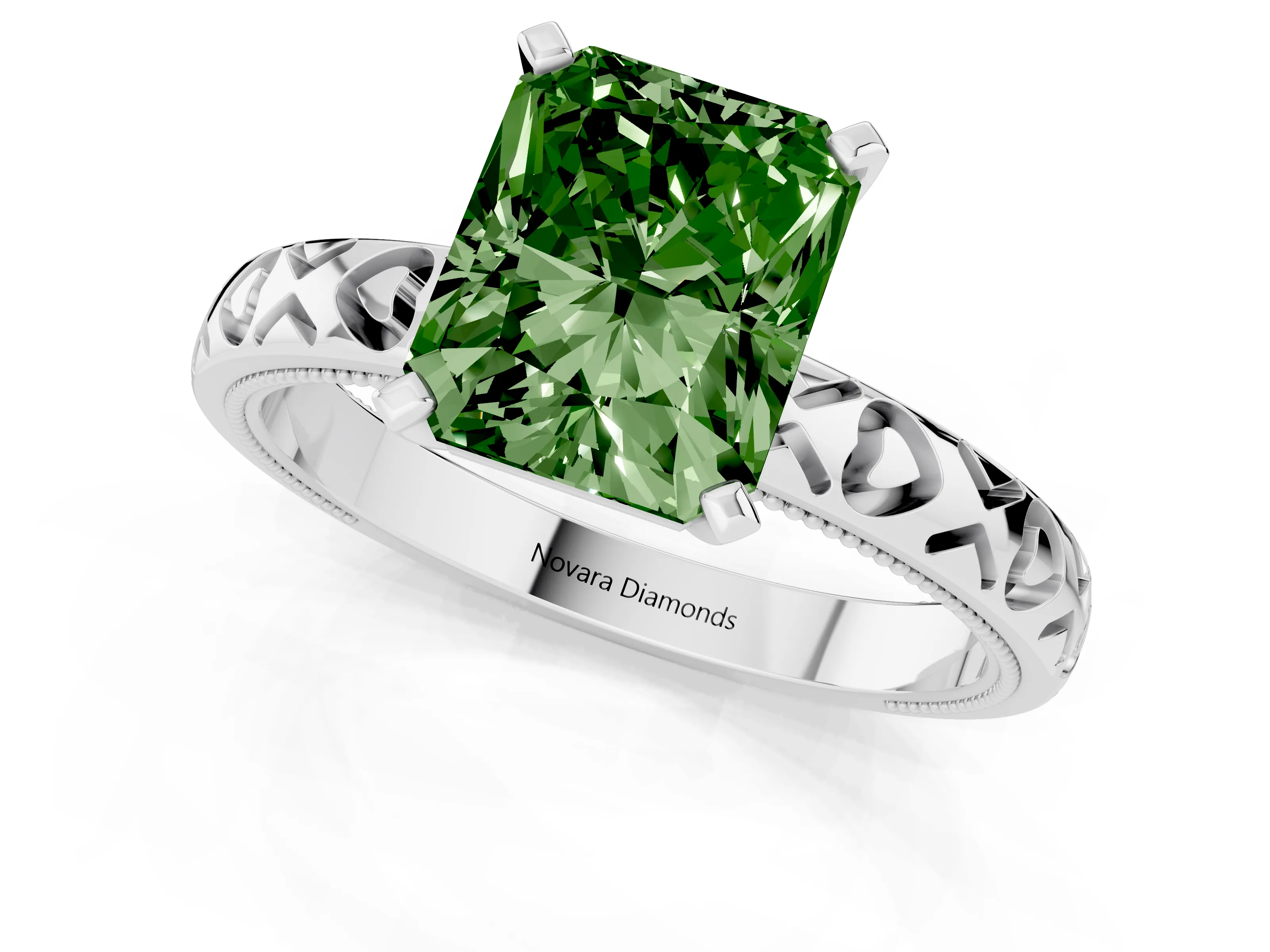 Fancy Green Radiant Cut Diamond Solitaire Engagement Ring Set in Platinum with XO Engraved Band and Prong Setting