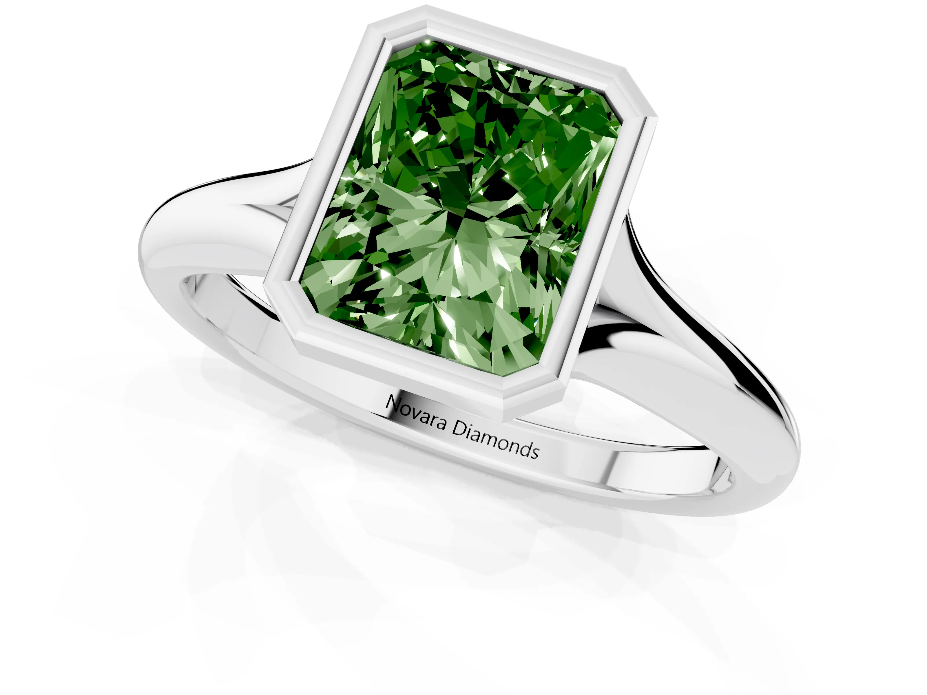 Fancy Green Bezel Set Radiant Cut Diamond Solitaire Ring Set in Silver with Smooth Band