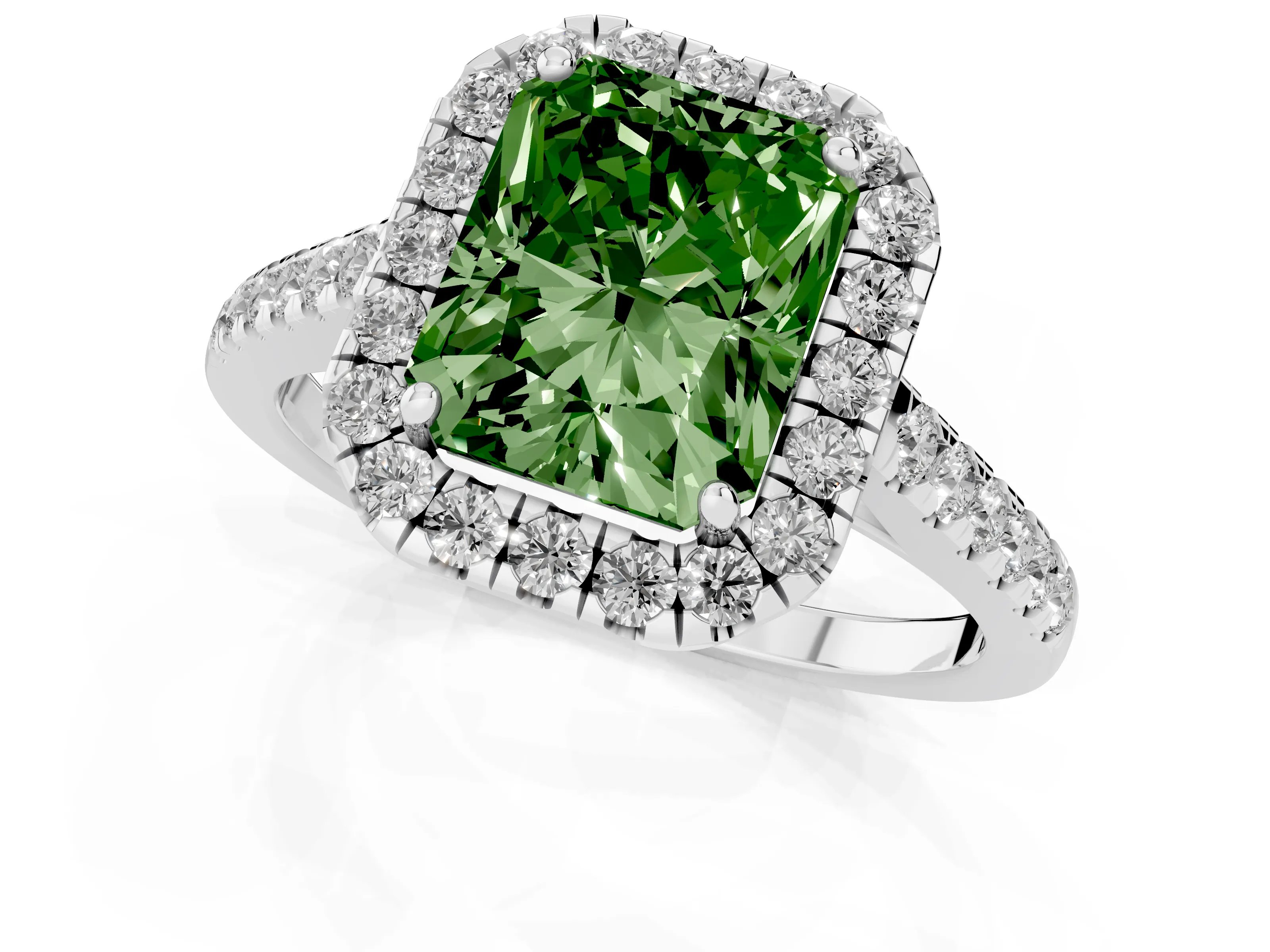 Fancy Green Radiant Cut Diamond Halo Pavé Engagement Ring Set in Platinum with Prong Setting