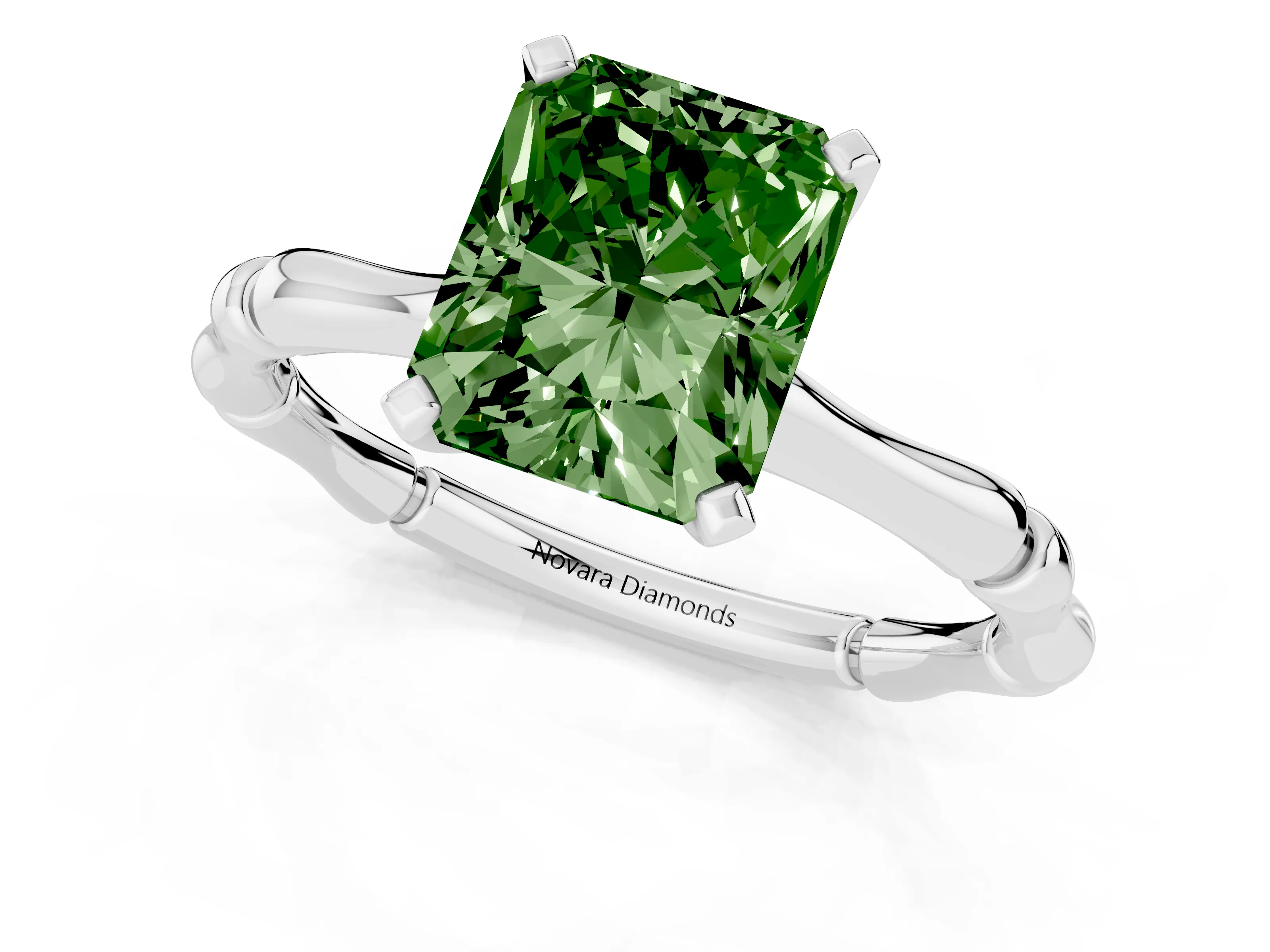 Fancy Green Radiant Cut Diamond Solitaire Ring Set in Silver with Bamboo Band and Prong Setting