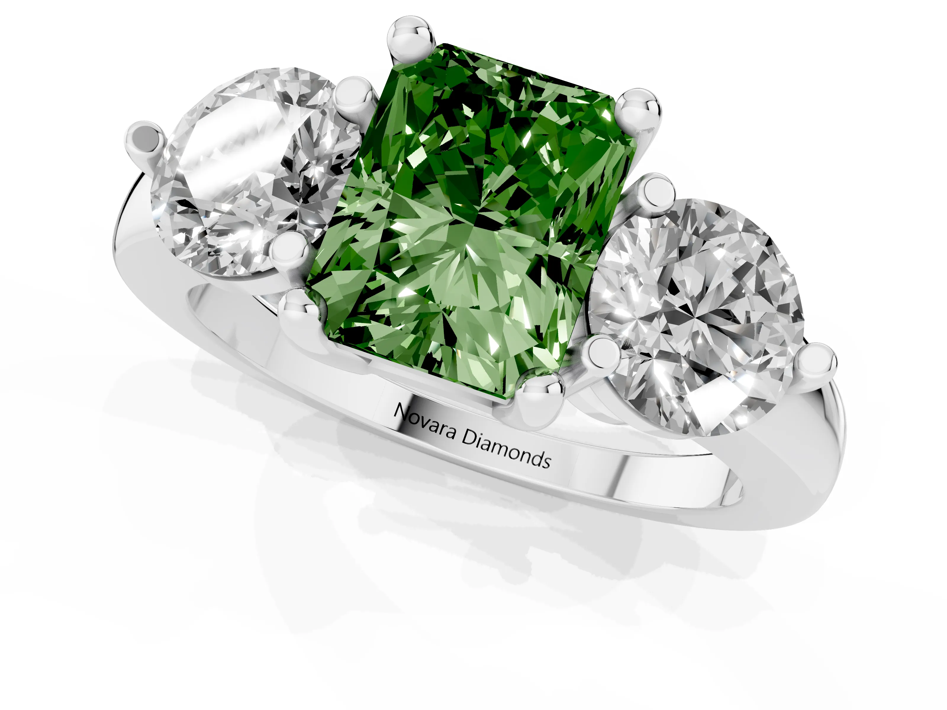 Fancy Green Radiant Cut Diamond Three-Stone Ring Set in Platinum with Prong Setting and Classic Band