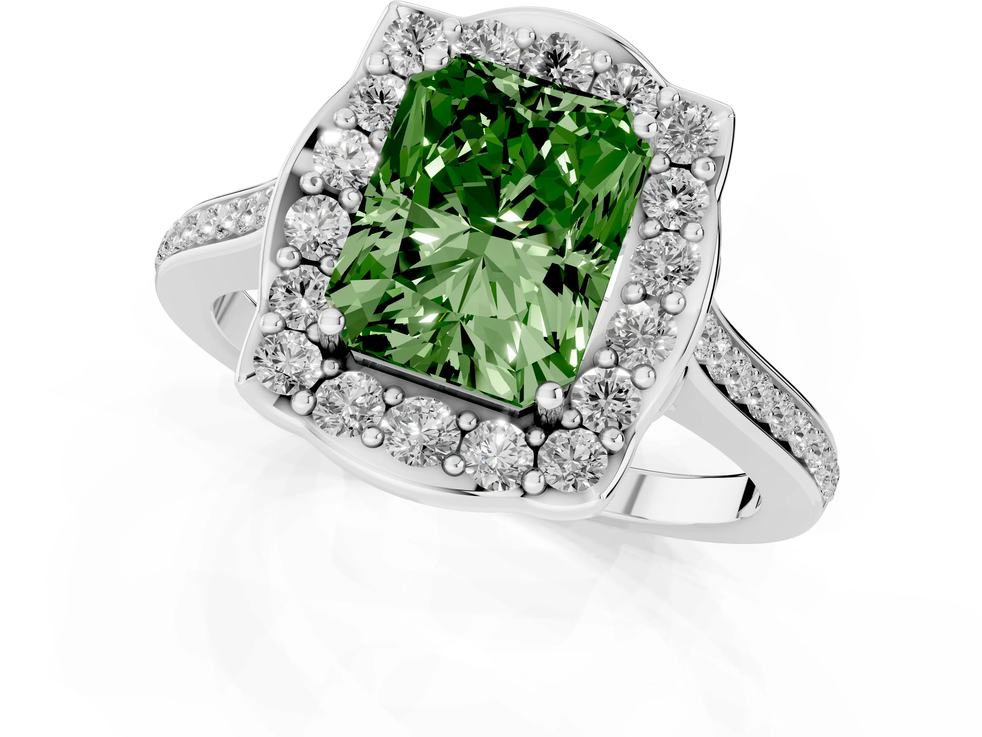 Fancy Green Radiant Cut Diamond Halo Ring Set in White gold with Pavé-Lined Shoulders and Prong Setting