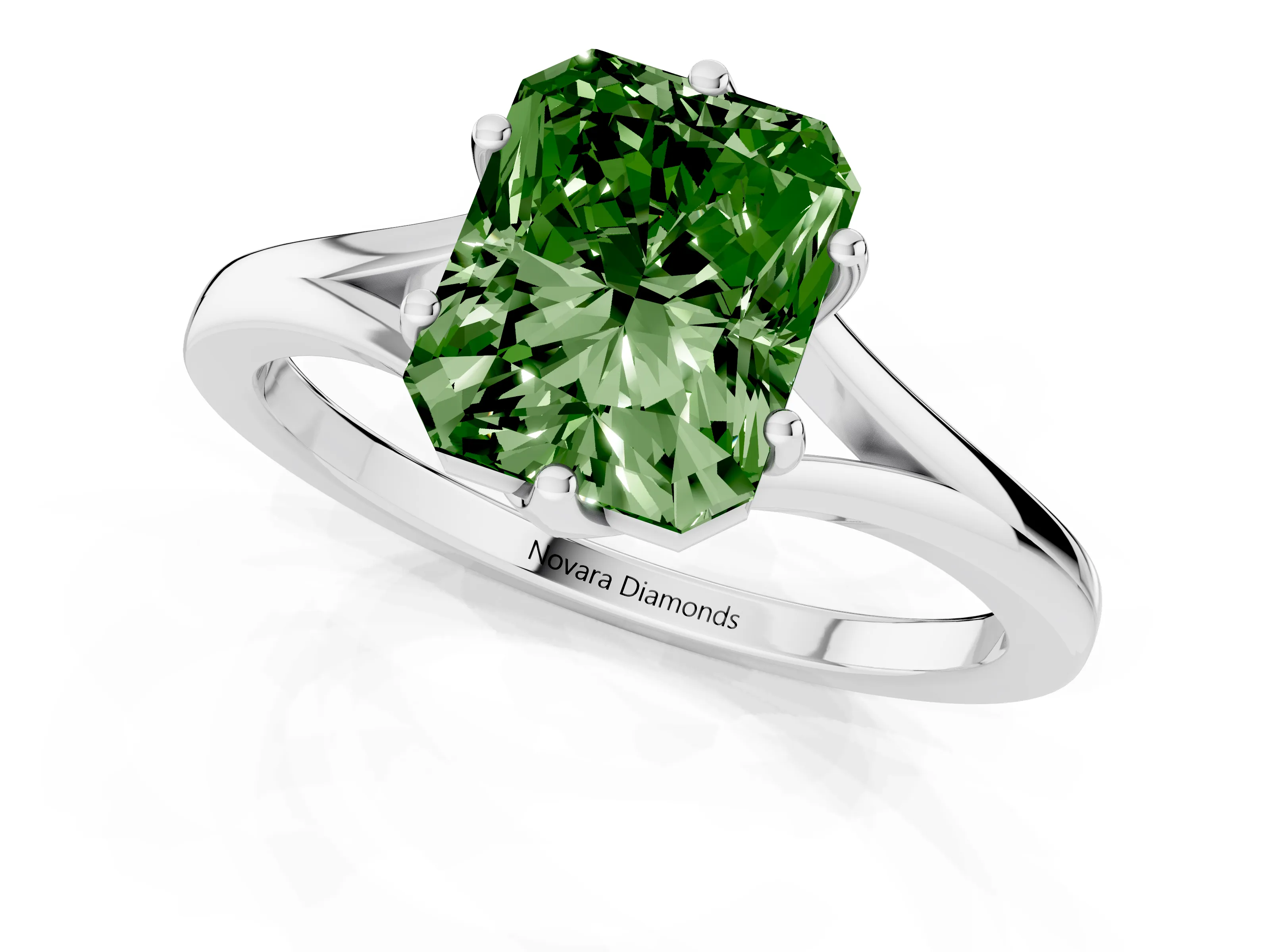 Fancy Green Radiant Cut Diamond Solitaire Ring Set in White gold with Polished Tapered Band and Prong Setting