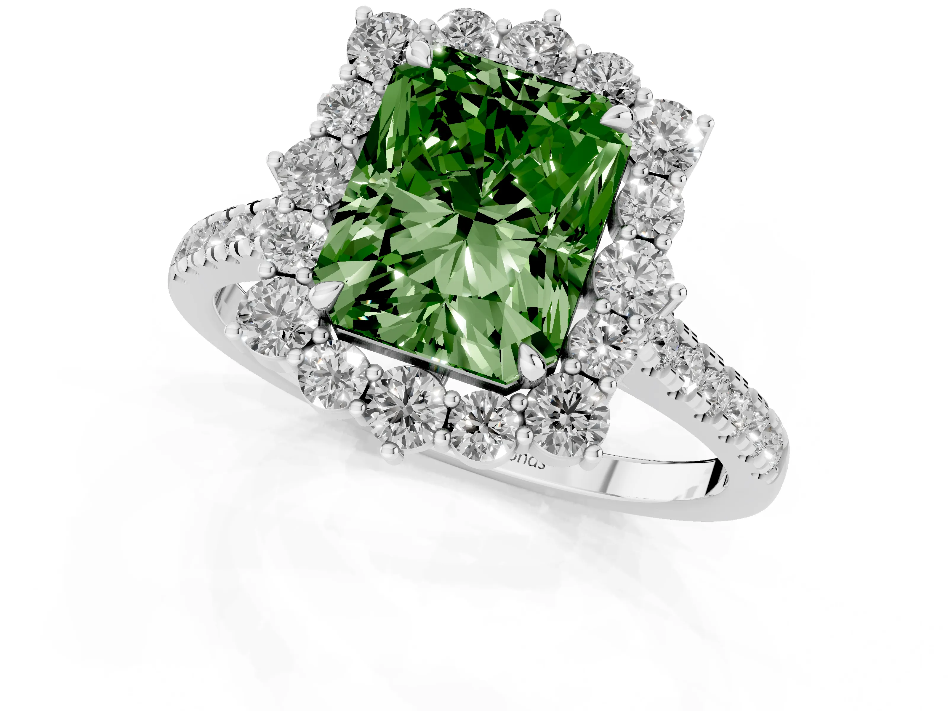 Fancy Green Radiant Cut Diamond Halo Ring Set in Silver with Pavé Band and Prong Setting