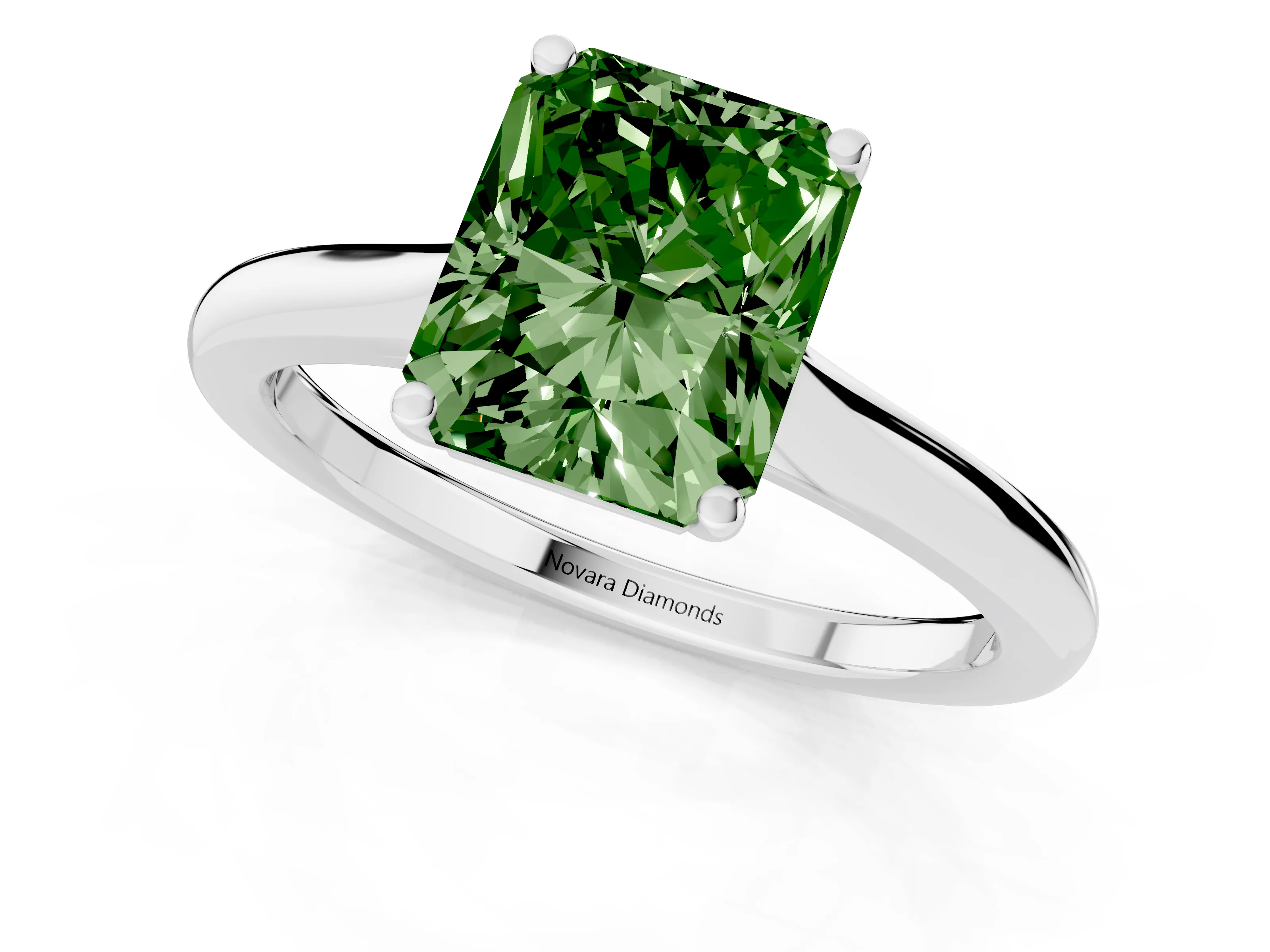 Fancy Green Radiant Cut Diamond Solitaire Ring Set in Silver with Cathedral Band and Prong Setting