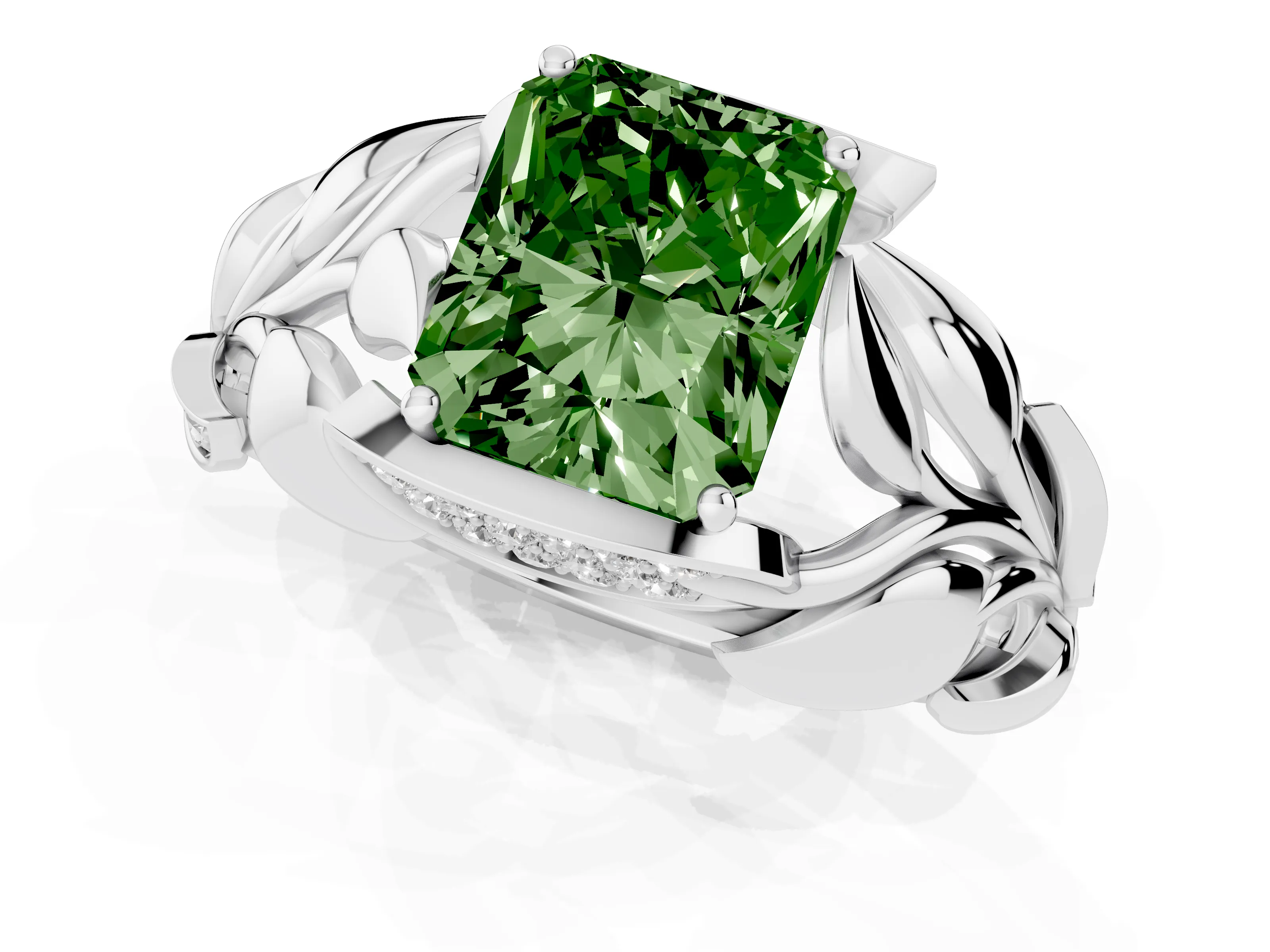 Fancy Green Radiant Cut Diamond Leaf-Inspired Engagement Ring Set in White gold with Round Accents – second view