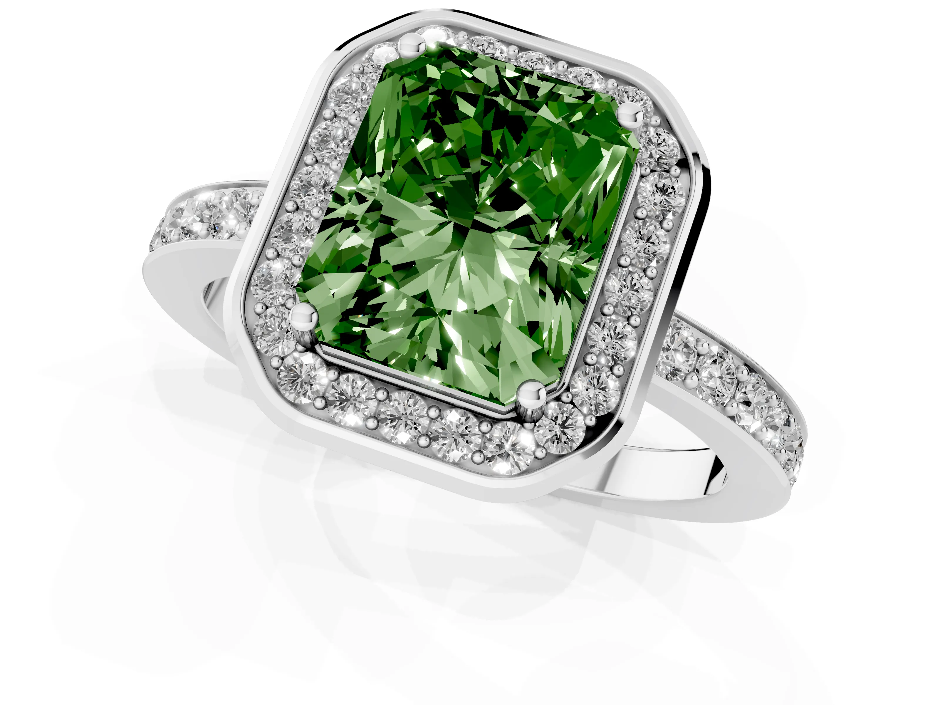 Fancy Green Radiant Cut Diamond Halo Ring Set in Silver with Bezel Frame and Pavé Band