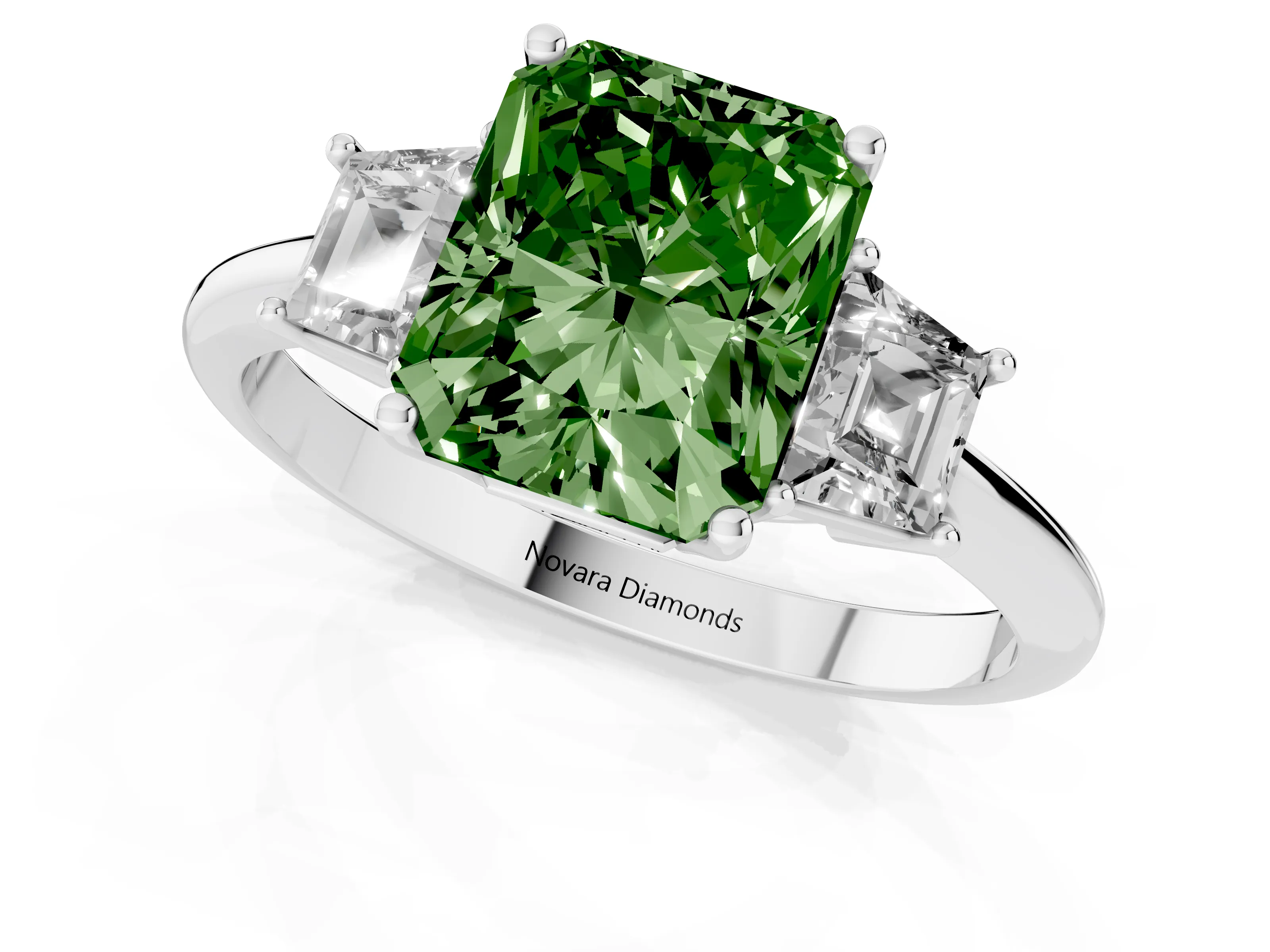 Fancy Green Radiant Cut Diamond Three-Stone Ring Set in Silver with Trapezoid Side Stones and Prong Setting