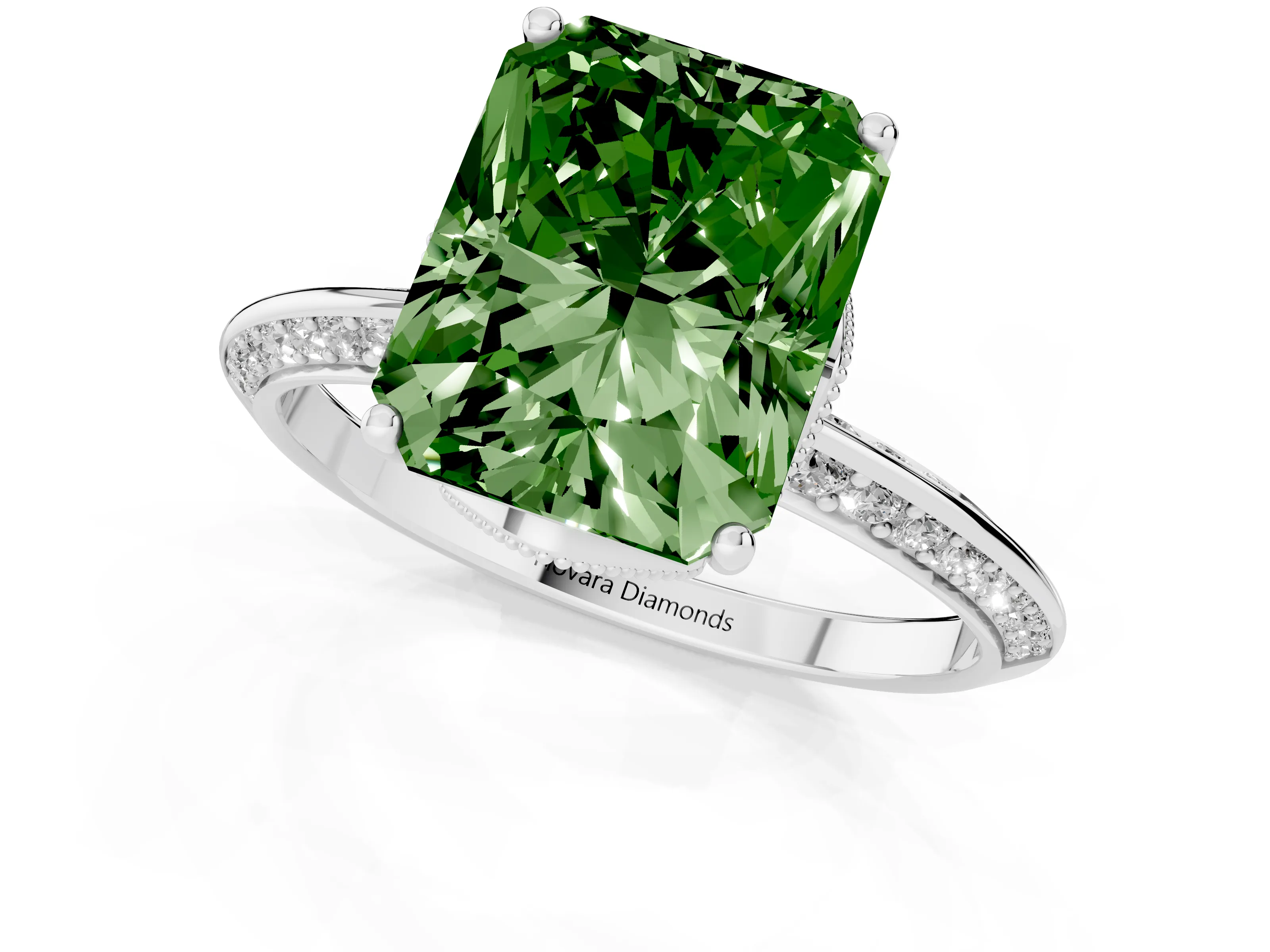 Fancy Green Radiant Cut Diamond Solitaire Engagement Ring Set in Silver with Pavé Split Shank and Prong Setting