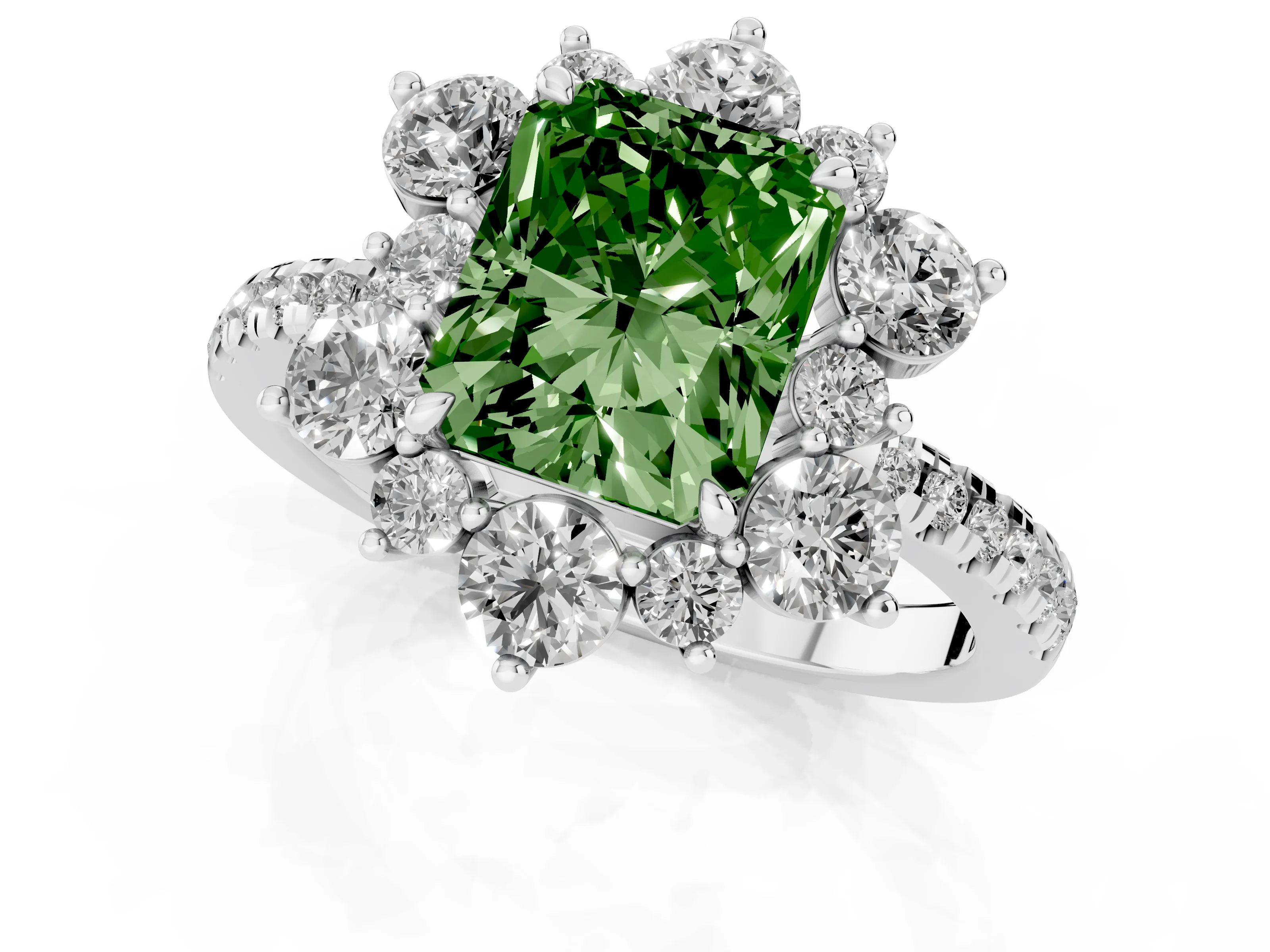 Fancy Green Radiant Cut Diamond Floral Halo Ring Set in White gold with Round Pavé Band and Prong Setting – second view