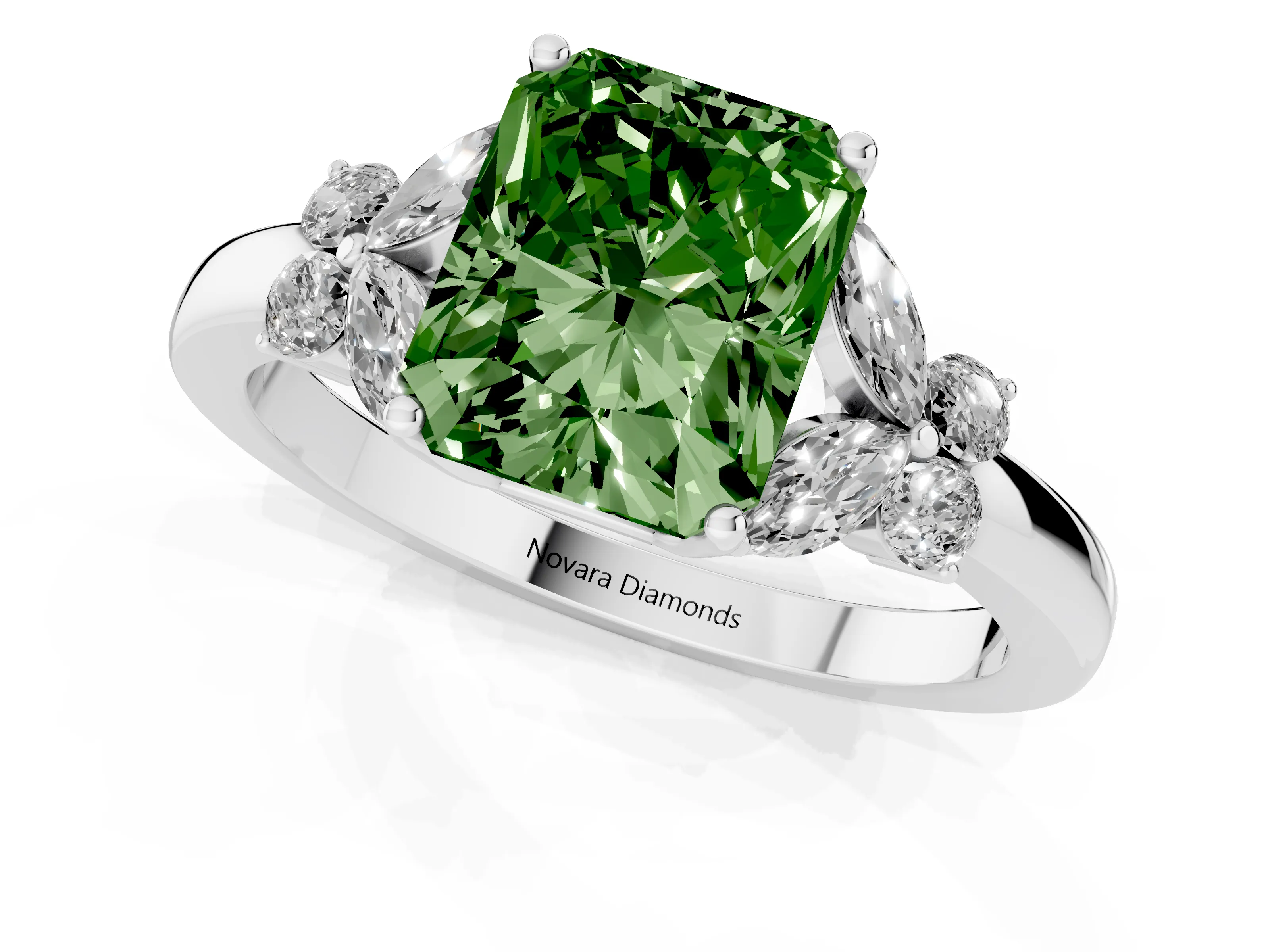 Fancy Green Radiant Cut Diamond Solitaire Floral Ring Set in Platinum with Marquise Petals and Prong Setting