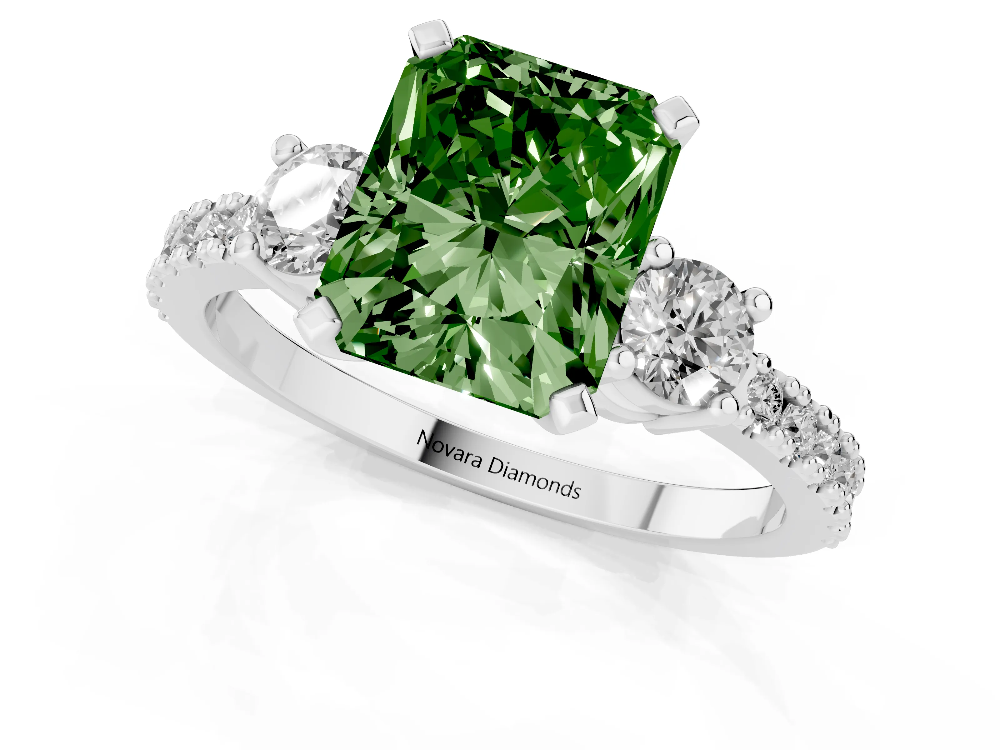 Fancy Green Three-Stone Radiant Cut Diamond Pavé Band Ring Set in White gold with Prong Setting