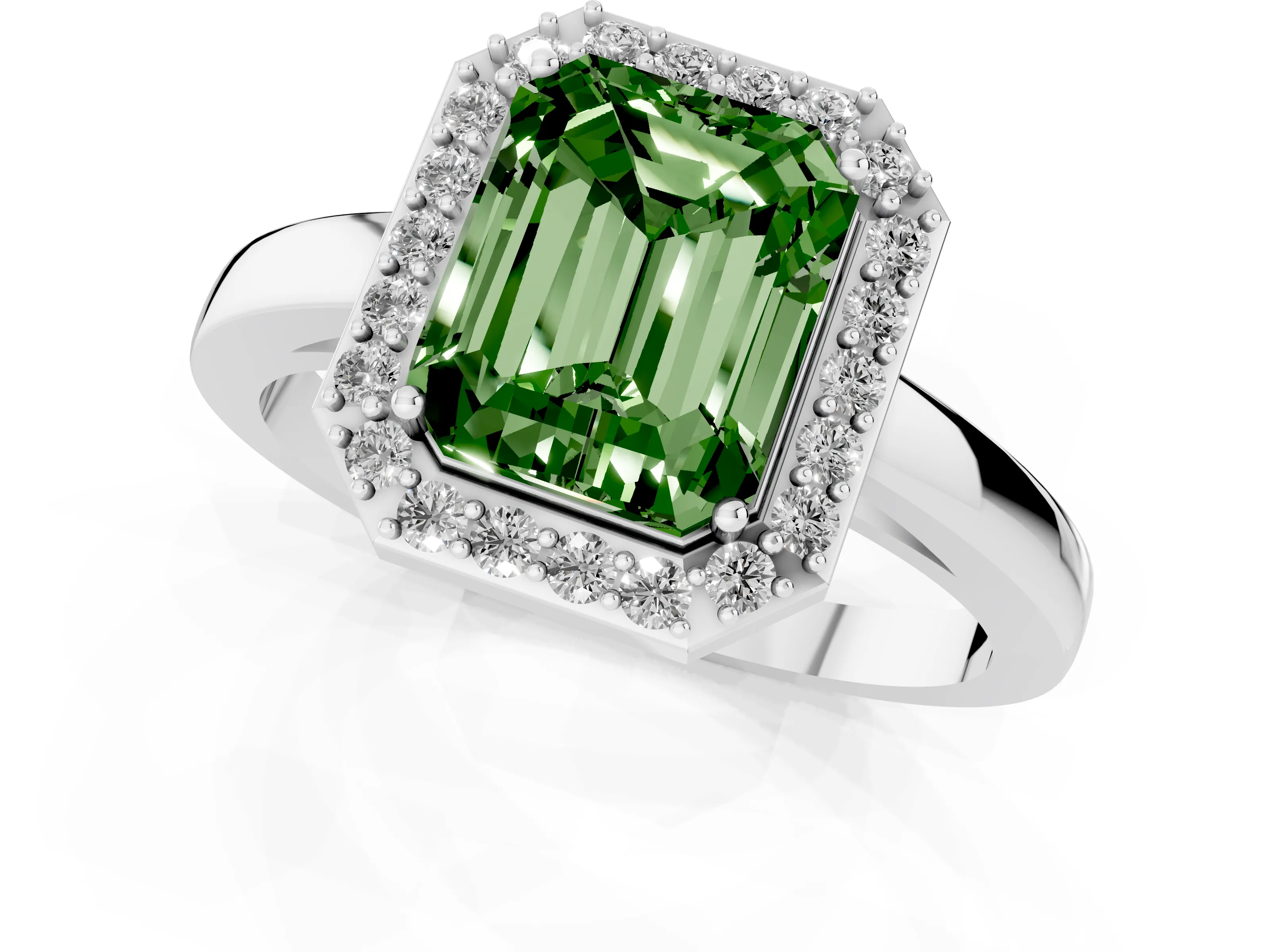 Fancy Green Radiant Cut Diamond Halo Ring Set in Silver with Solitaire Band and Prong Setting