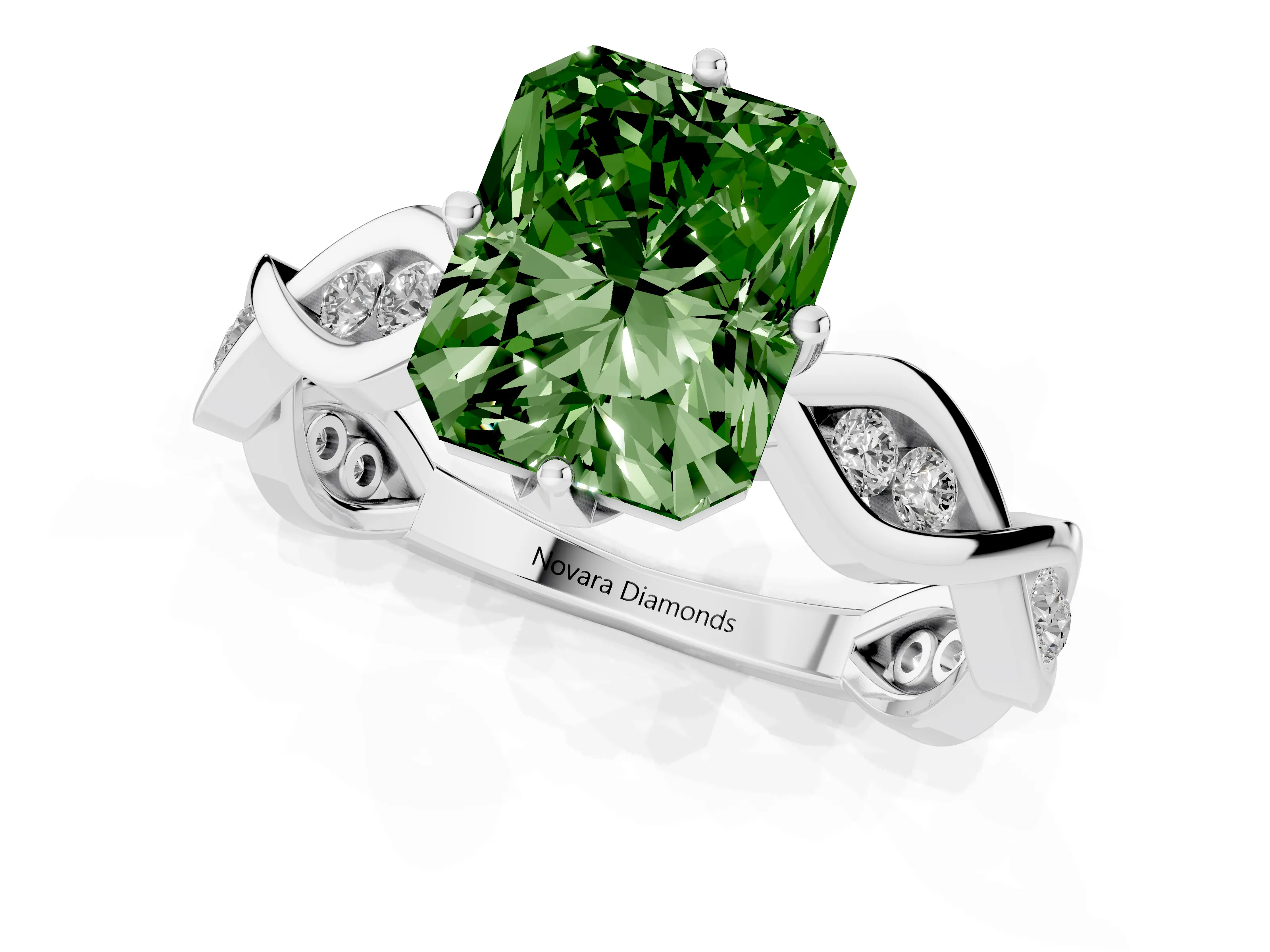 Fancy Green Radiant Cut Diamond Twist Band Solitaire Ring Set in Silver with Leaf Prong Setting and Accent Stones