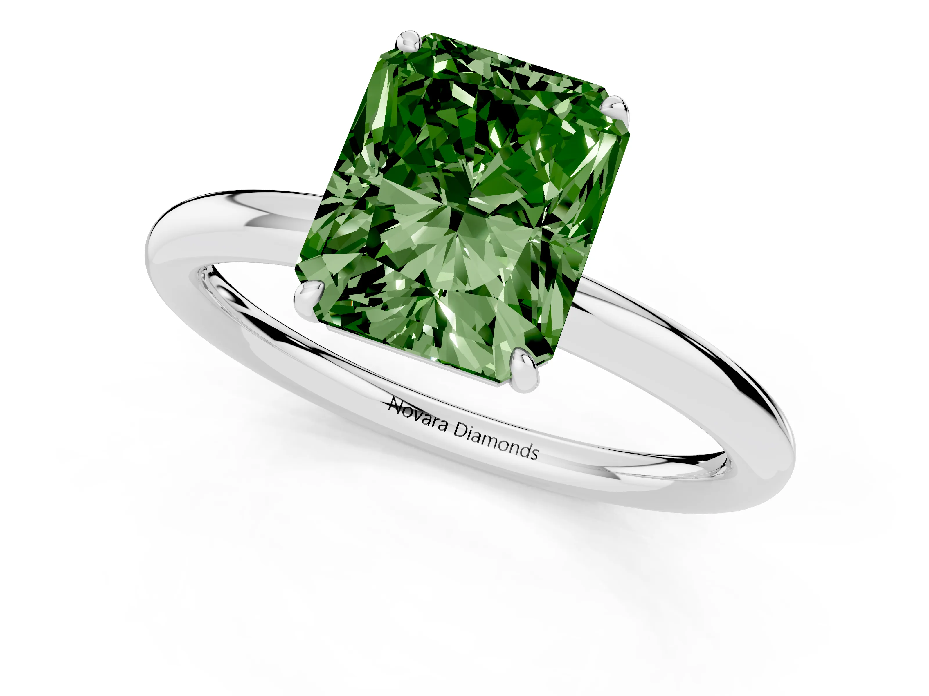 Fancy Green Radiant Cut Diamond Solitaire Ring Set in Silver with Prong Setting on a Polished Plain Band