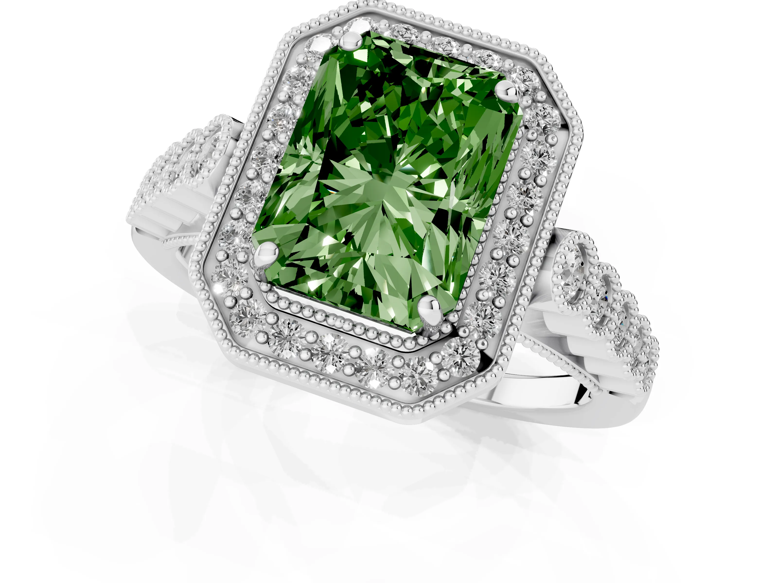 Fancy Green Radiant Cut Diamond Milgrain Halo Solitaire Ring Set in White gold with Bezel Set Side Stones and Pavé Band