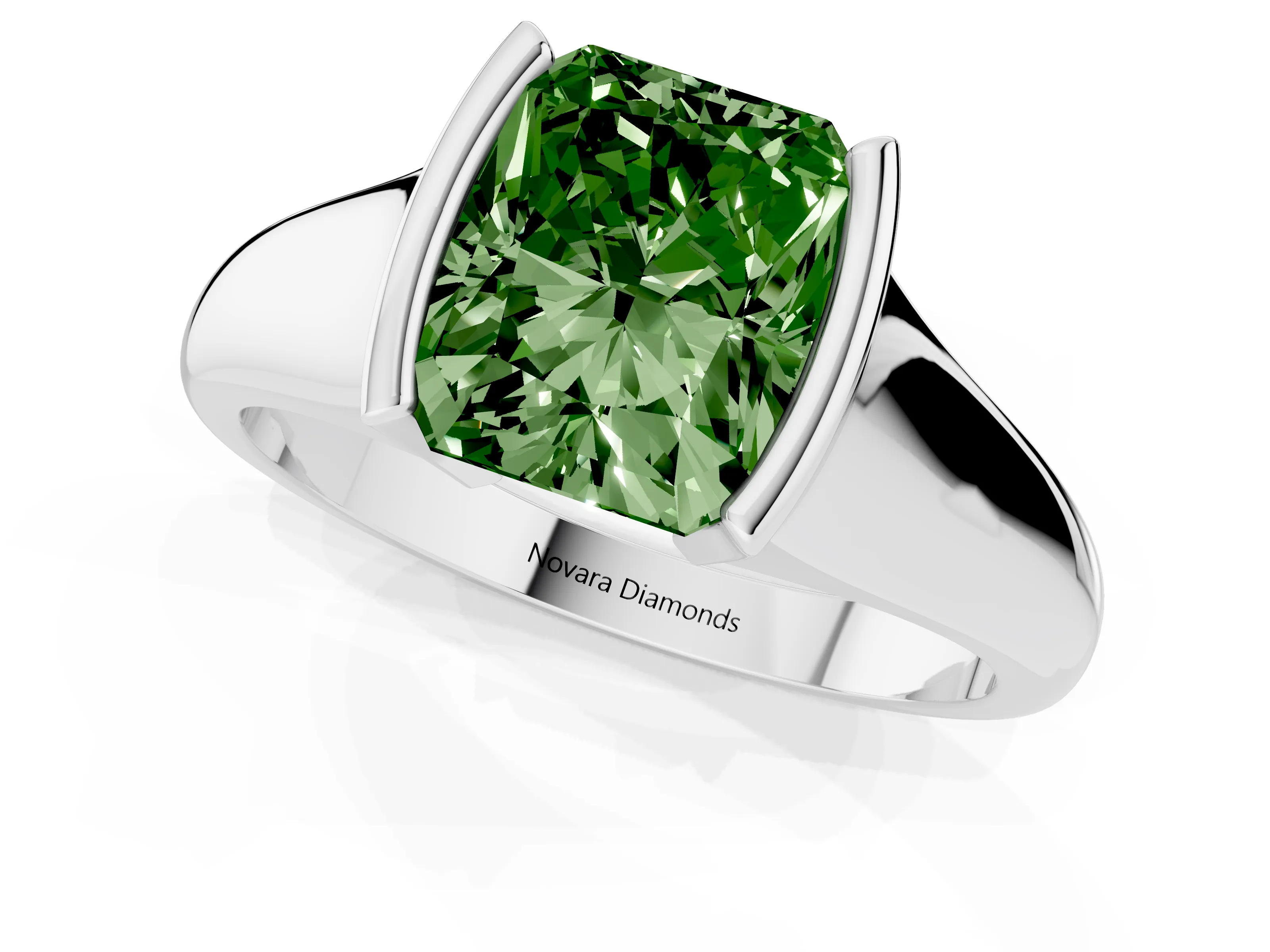 Fancy Green Radiant Cut Diamond Solitaire Tension Set Ring Set in Platinum with Split Shank Band
