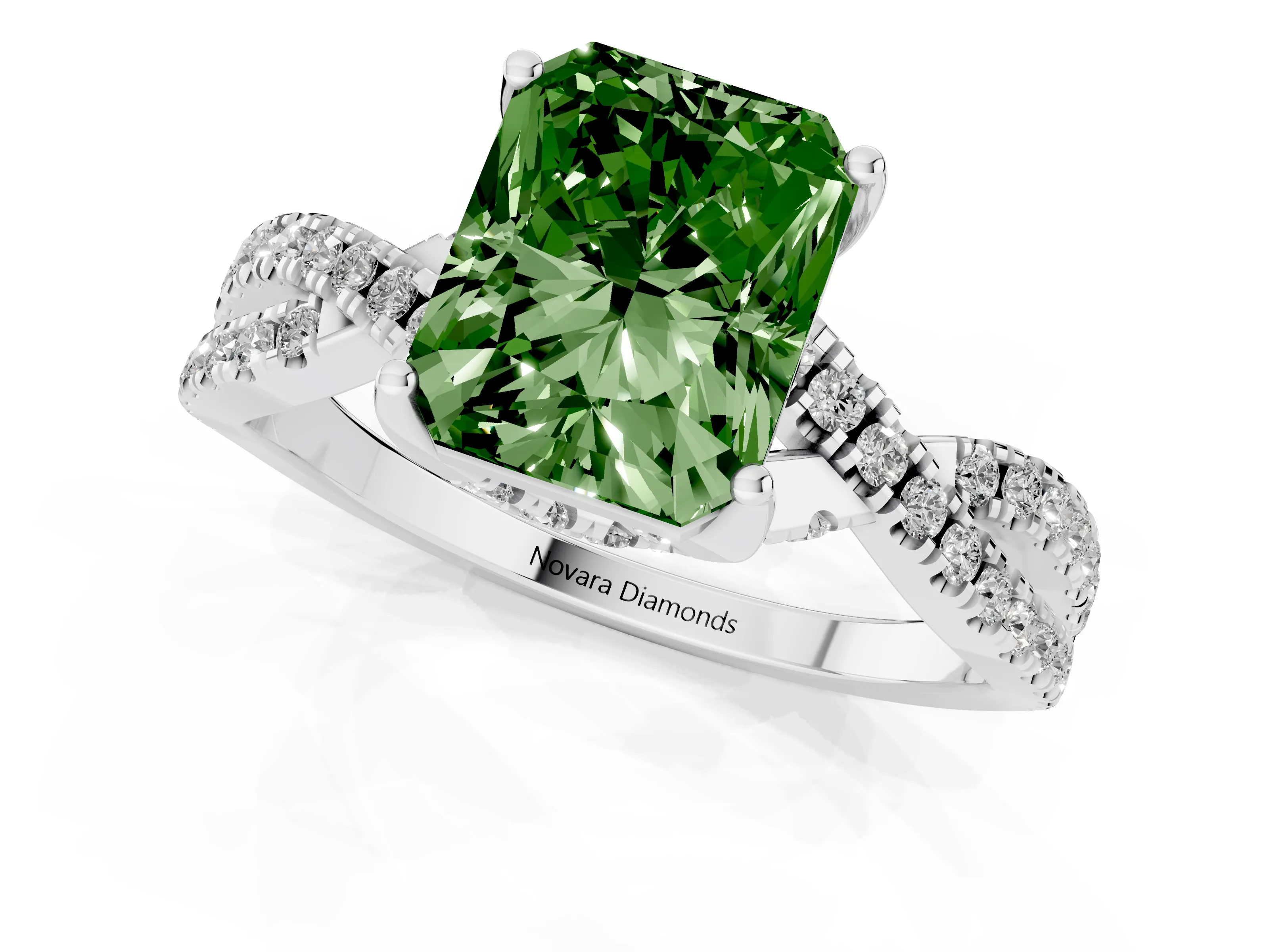Fancy Green Radiant Cut Diamond Twist Pavé Solitaire Engagement Ring Set in Silver with Prong Setting