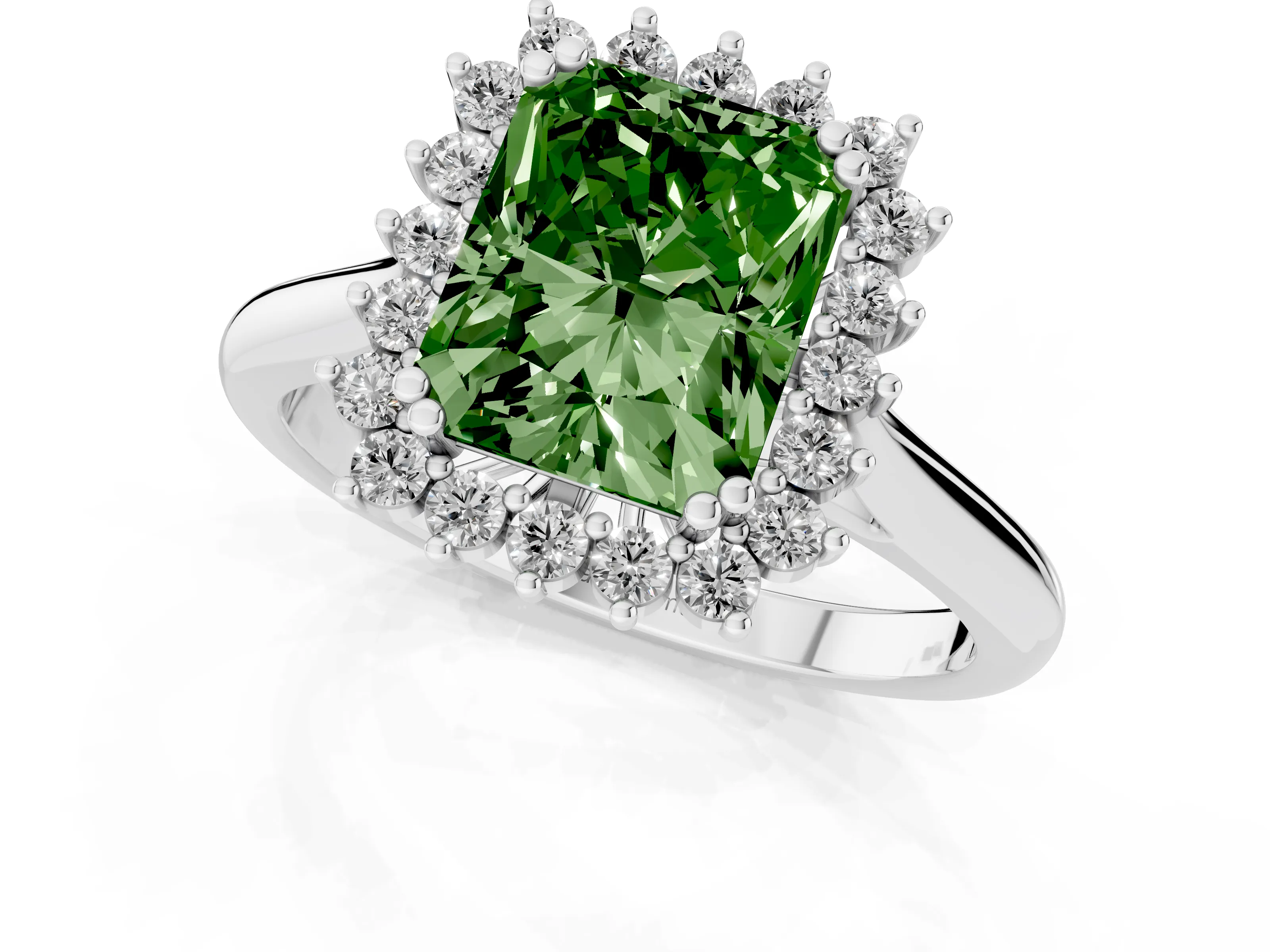 Fancy Green Radiant Cut Diamond Halo Ring Set in Silver with Plain Solitaire Band and Prong Setting