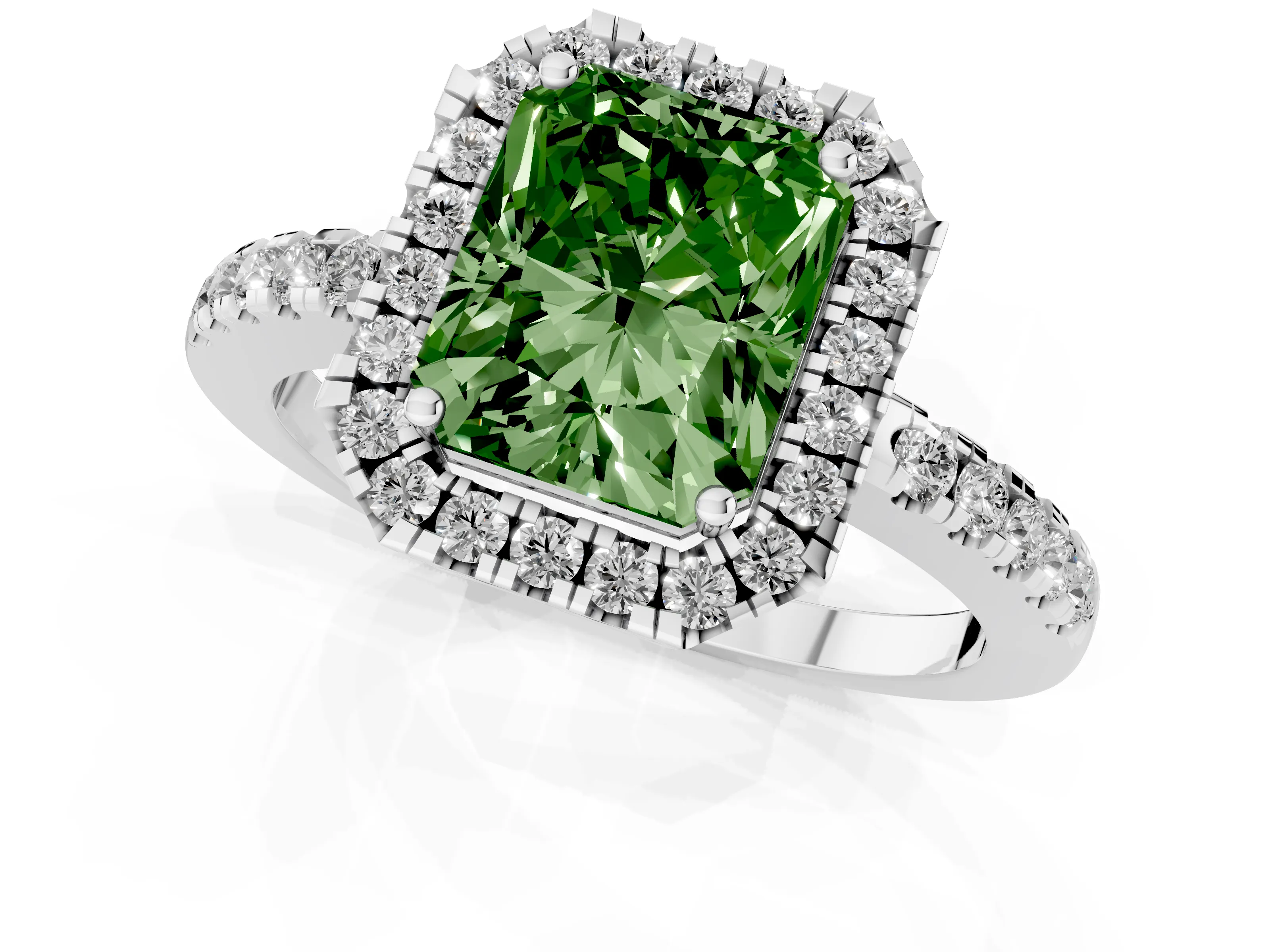 Fancy Green Radiant Cut Diamond Pavé Band Halo Engagement Ring Set in White gold with Prong Setting