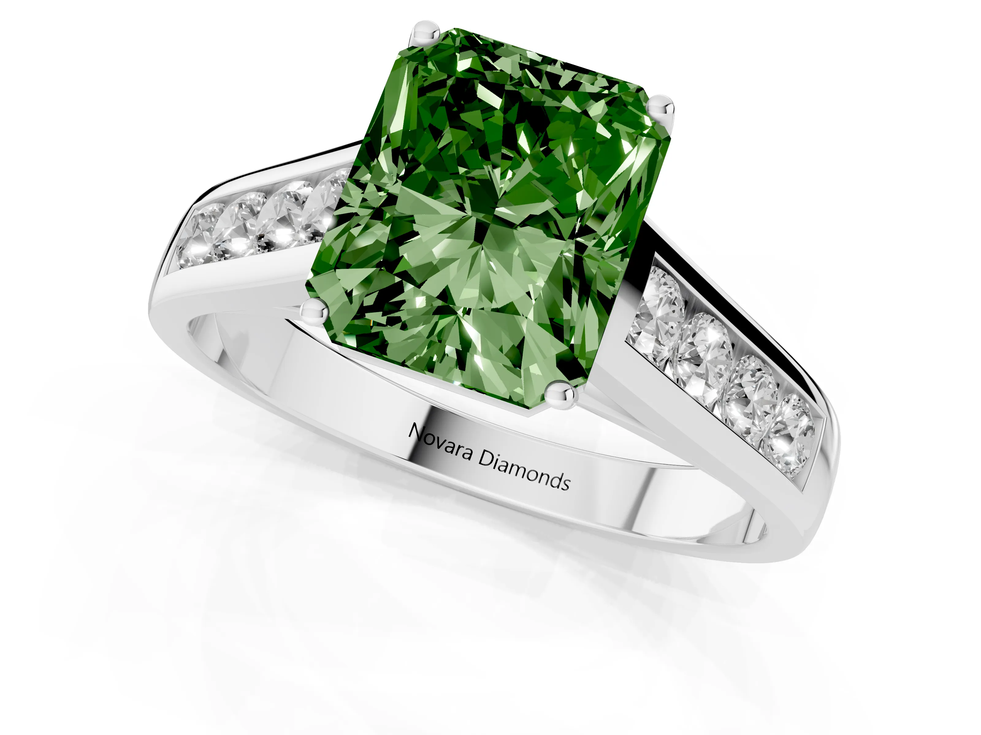 Fancy Green Radiant Cut Diamond Brilliant Channel-Set Solitaire Ring Set in White gold with Prong Setting