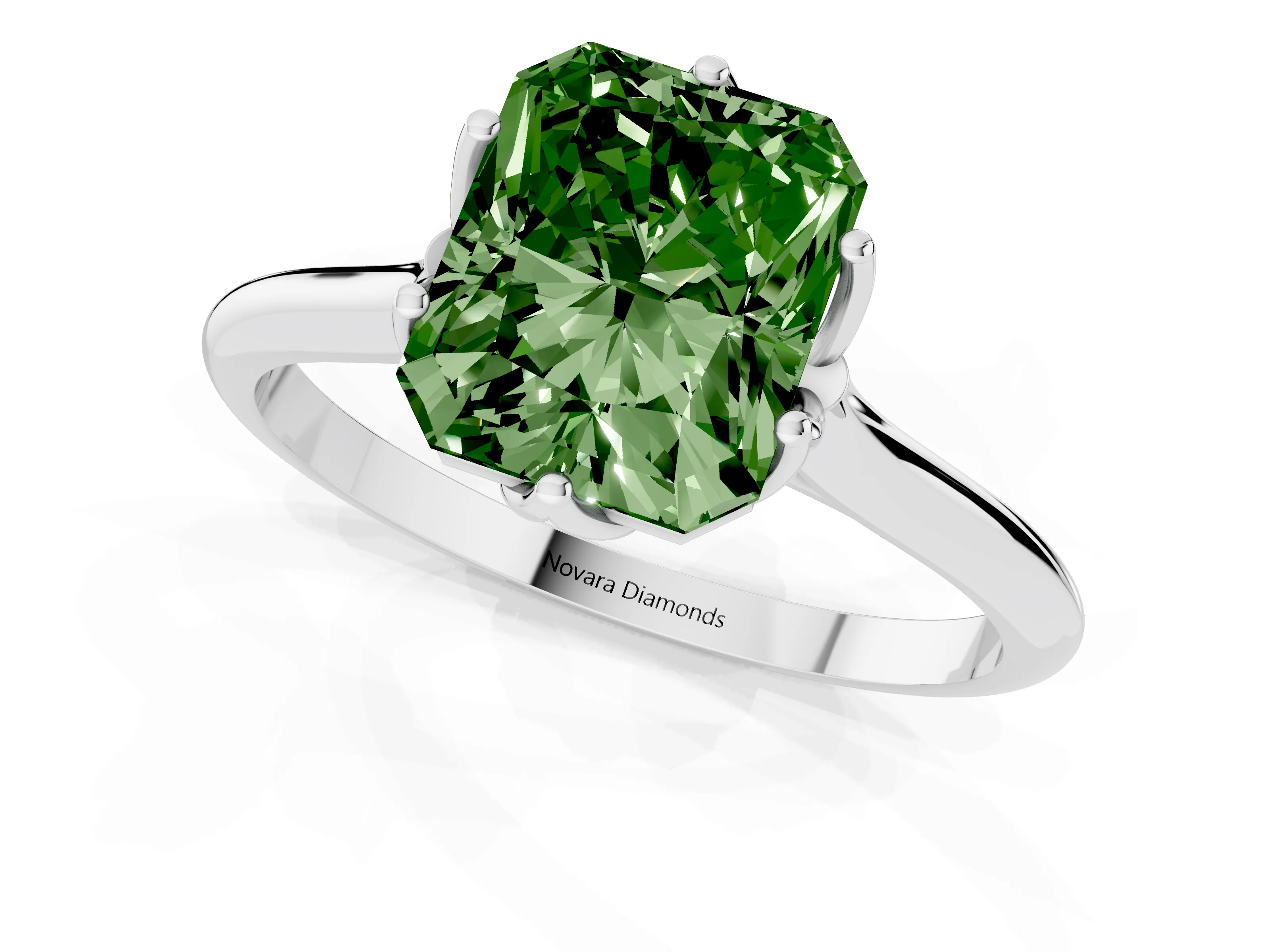 Fancy Green Radiant Cut Diamond Solitaire Cathedral Ring Set in Platinum with Prong Setting